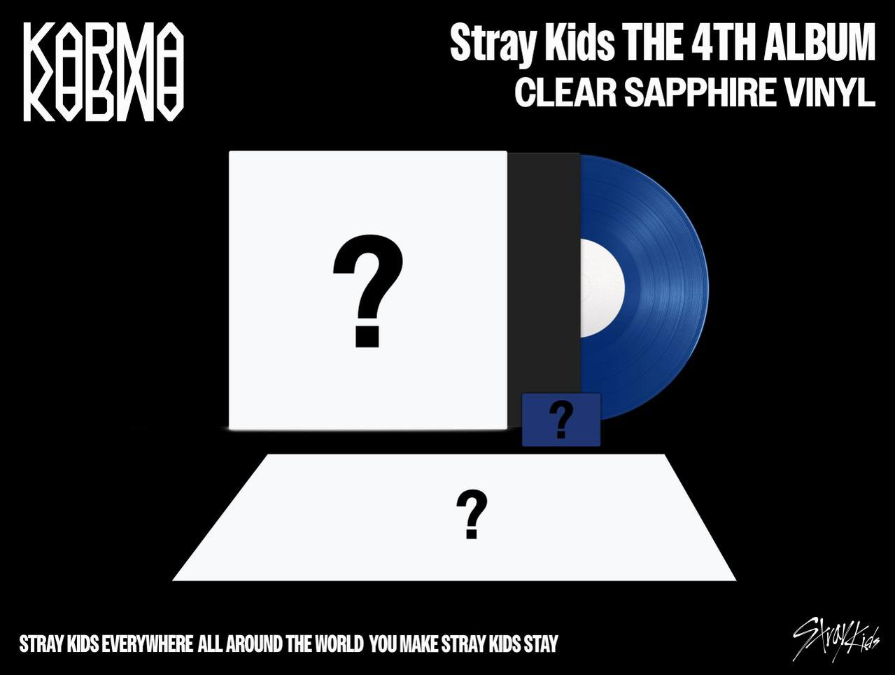 Albumcover für Stray Kids. Enthält eine klare Saphir-Vinylplatte mit einem Fragezeichen und Textüberlagerung auf schwarzem Hintergrund.