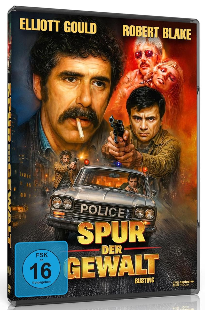 DVD-Cover mit Elliott Gould und Robert Blake. Kunstwerk zeigt eine Verfolgungsjagd mit dem Titel 'SPUR DER GEWALT'.