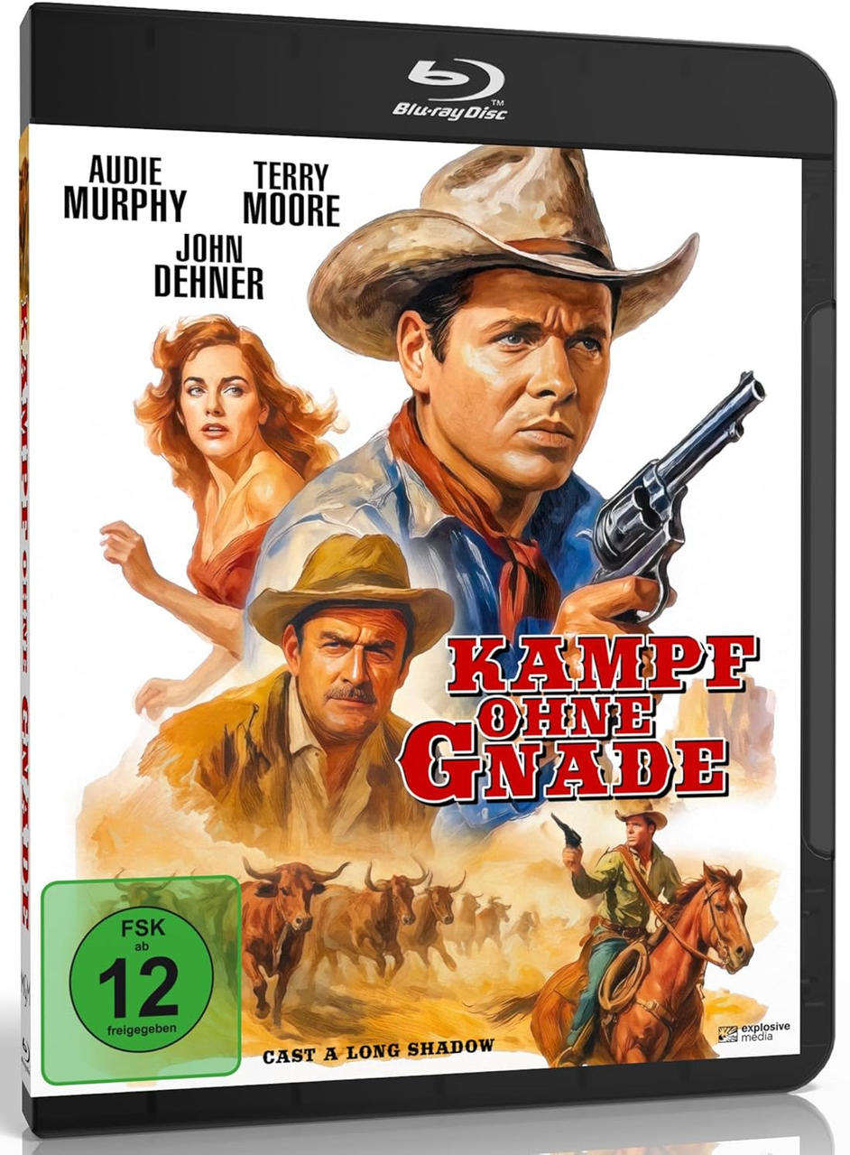 Blu-ray-Cover. Cowboy-Filmplakat. Männer mit Waffen, Frau, Vieh. Deutscher Titel: Kampf Ohne Gnade (Cast a Long Shadow).
