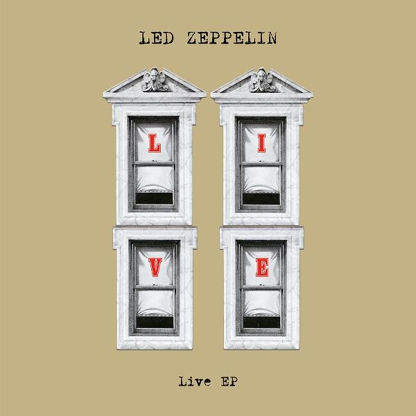 Cover der 'Live EP' von Led Zeppelin. Vier Fenster buchstabieren 'LIVE'. Beiger Hintergrund mit Text 'LED ZEPPELIN' oben und 'Live EP' unten.