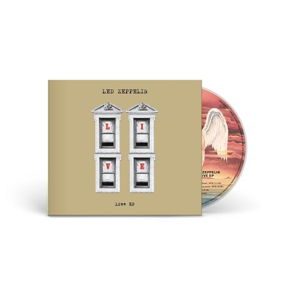 Led Zeppelin Albumcover, 'Live EP', mit 'LOVE' in Fenstern. CD zeigt Engelsflügel.