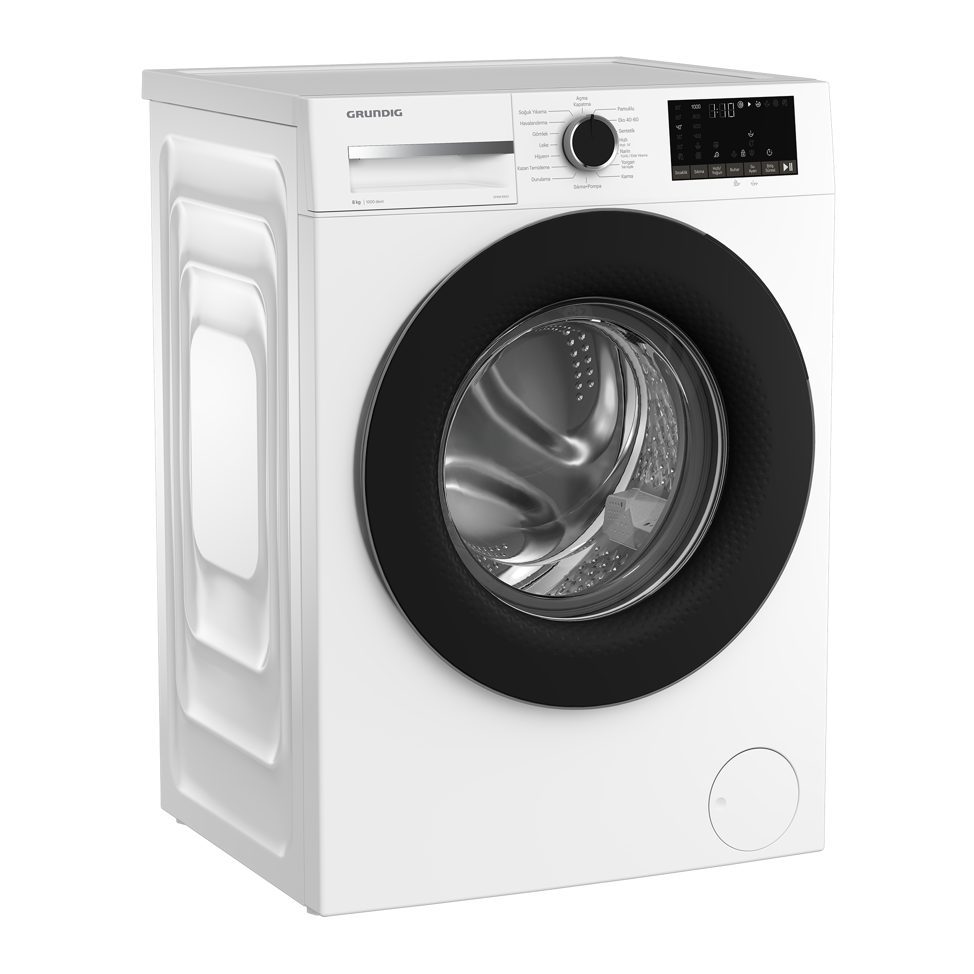 Siyah kapılı beyaz bir Grundig çamaşır makinesi. Bir kontrol paneli ve dijital bir ekranı var.