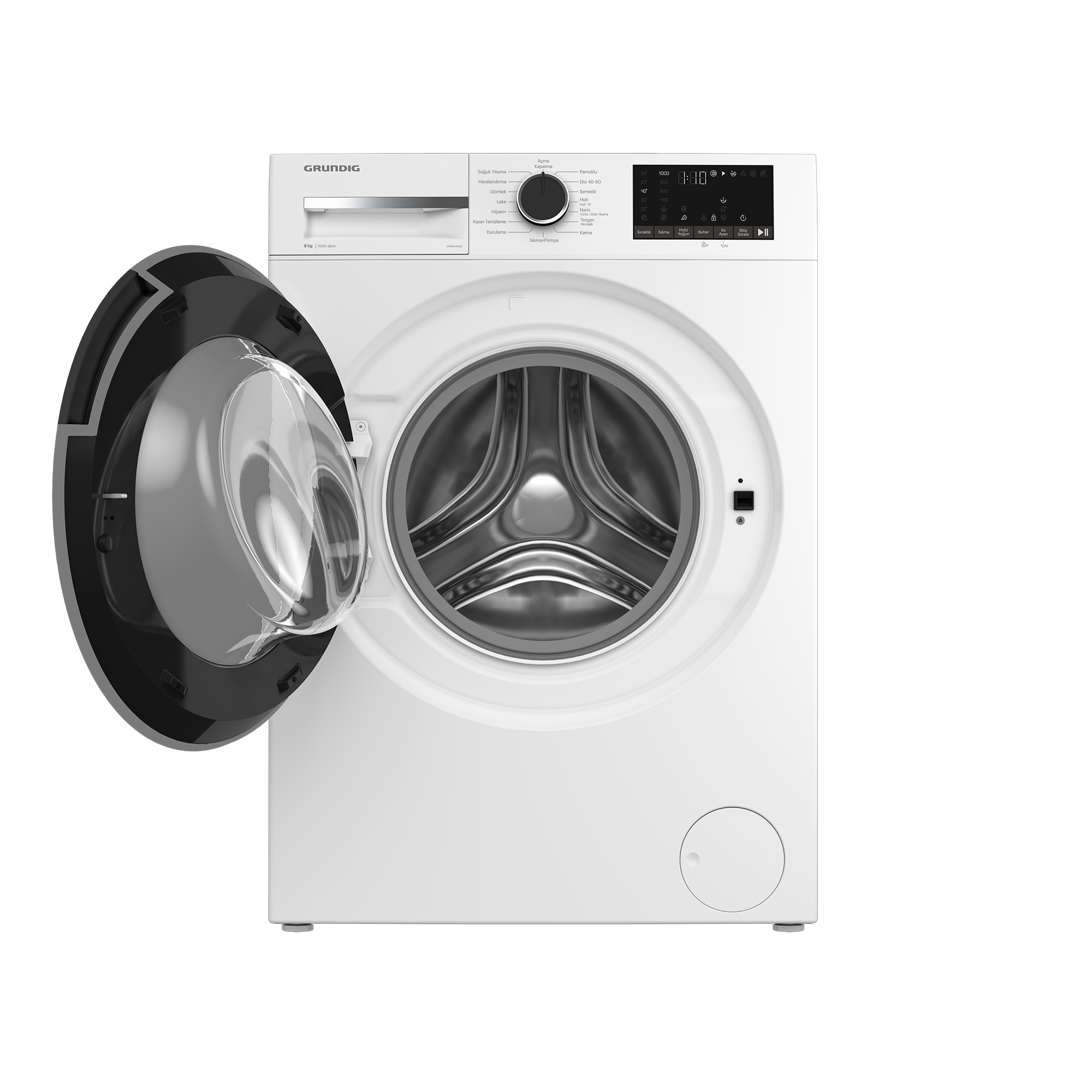Kapısı açık beyaz bir Grundig çamaşır makinesi. Kontroller ve ekran sağ üstte görülebilir.