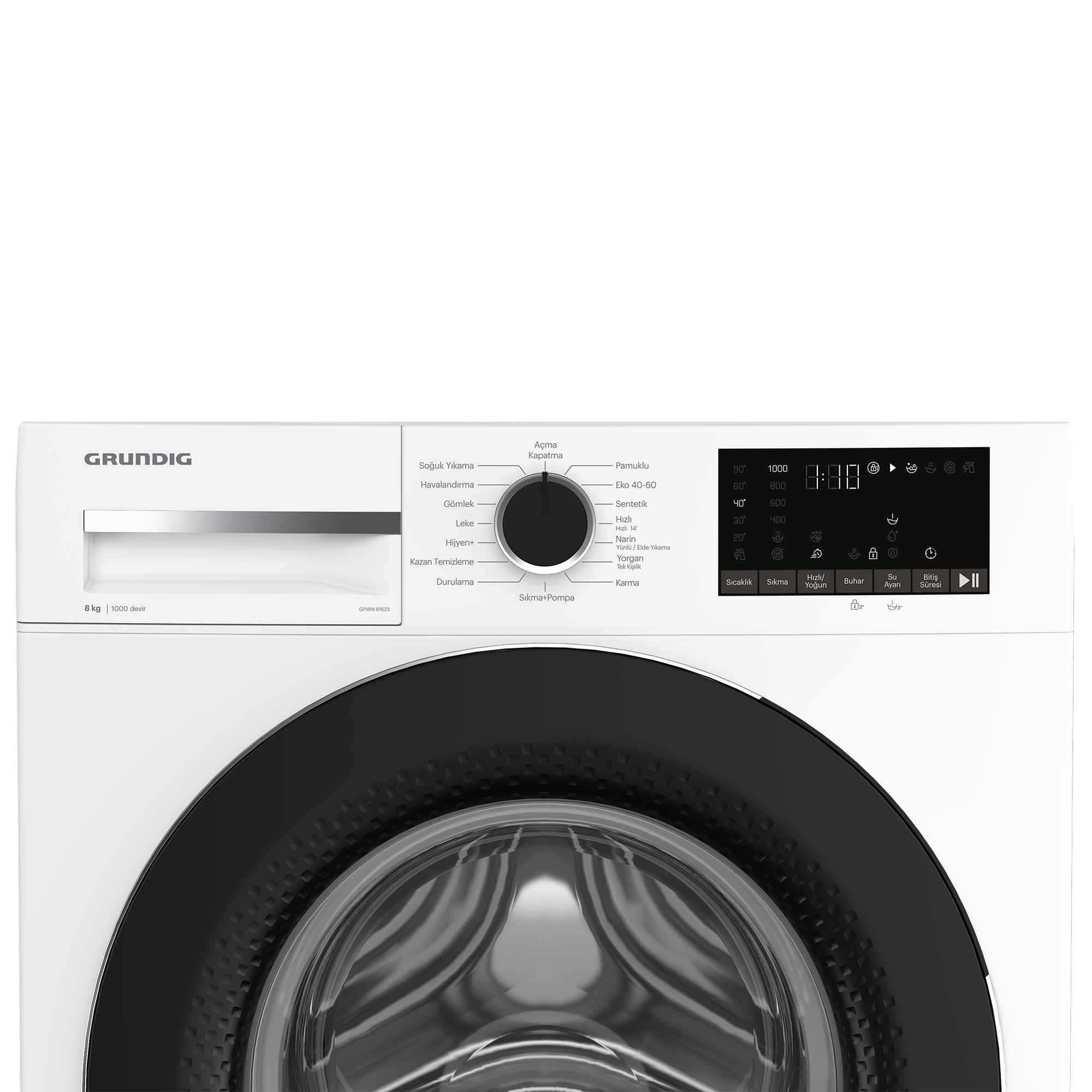Siyah kapılı, kontrol panelli ve yıkama seçenekleri kadranlı beyaz bir Grundig çamaşır makinesi.