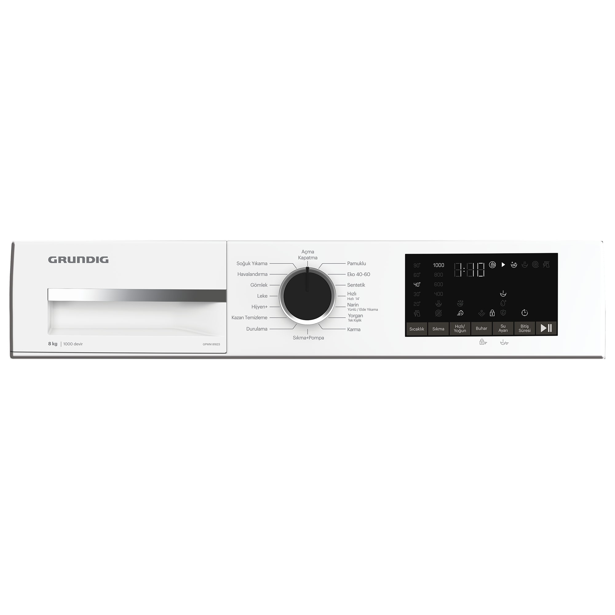Beyaz Grundig çamaşır makinesi kontrol paneli. Döngüler için kadran, ekran ve sıcaklık gibi ayarlar için düğmeler içerir.
