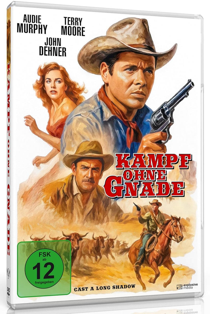 Filmcover: Cowboy mit Waffe, Frau und andere Männer, Titel 'Kampf Ohne Gnade'. Hintergrund zeigt Pferd und Bullen.
