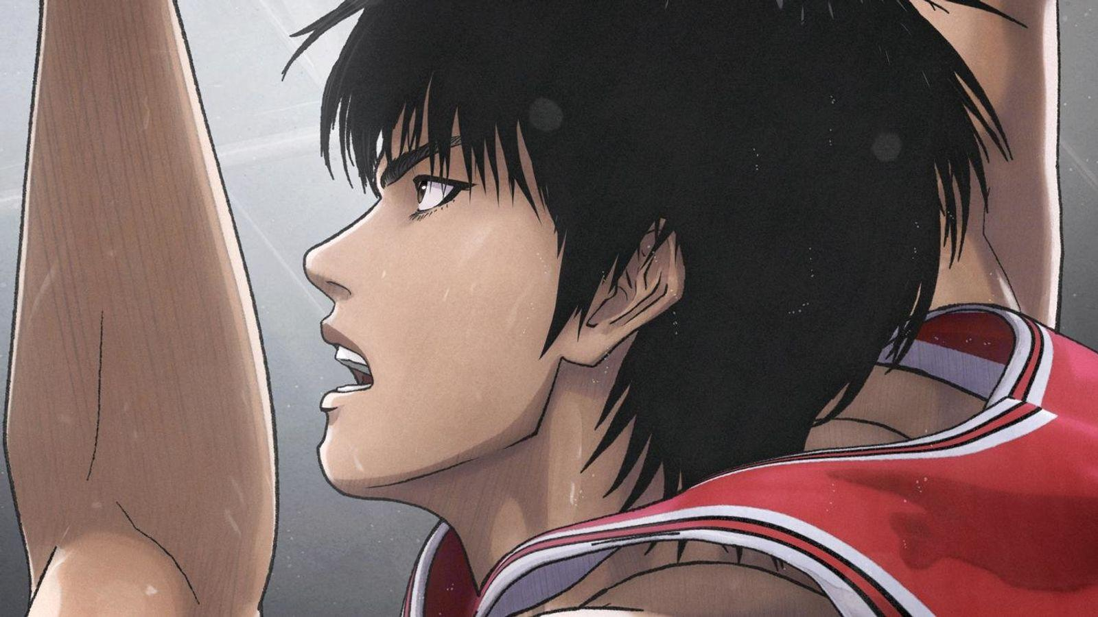 Anime-Illustration eines Basketballspielers. Der Spieler ist im Profil und blickt mit offenem Mund nach oben. Rotes Trikot ist sichtbar.