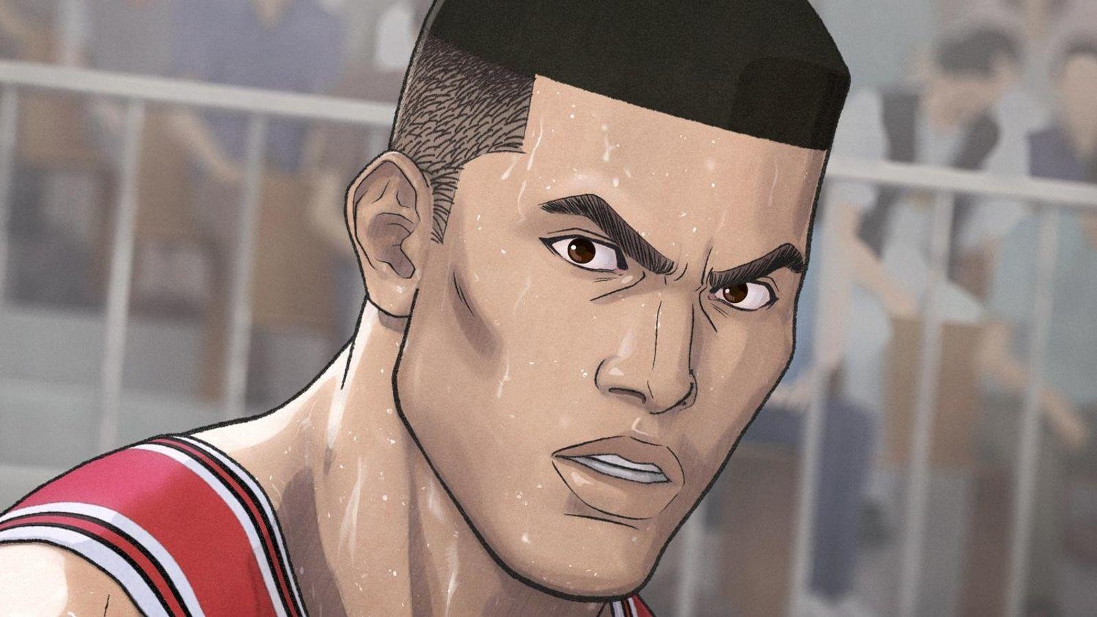 Ein animierter Basketballspieler mit entschlossenem Blick. Er schwitzt, trägt ein rot-weißes Trikot und hat einen Bürstenschnitt.