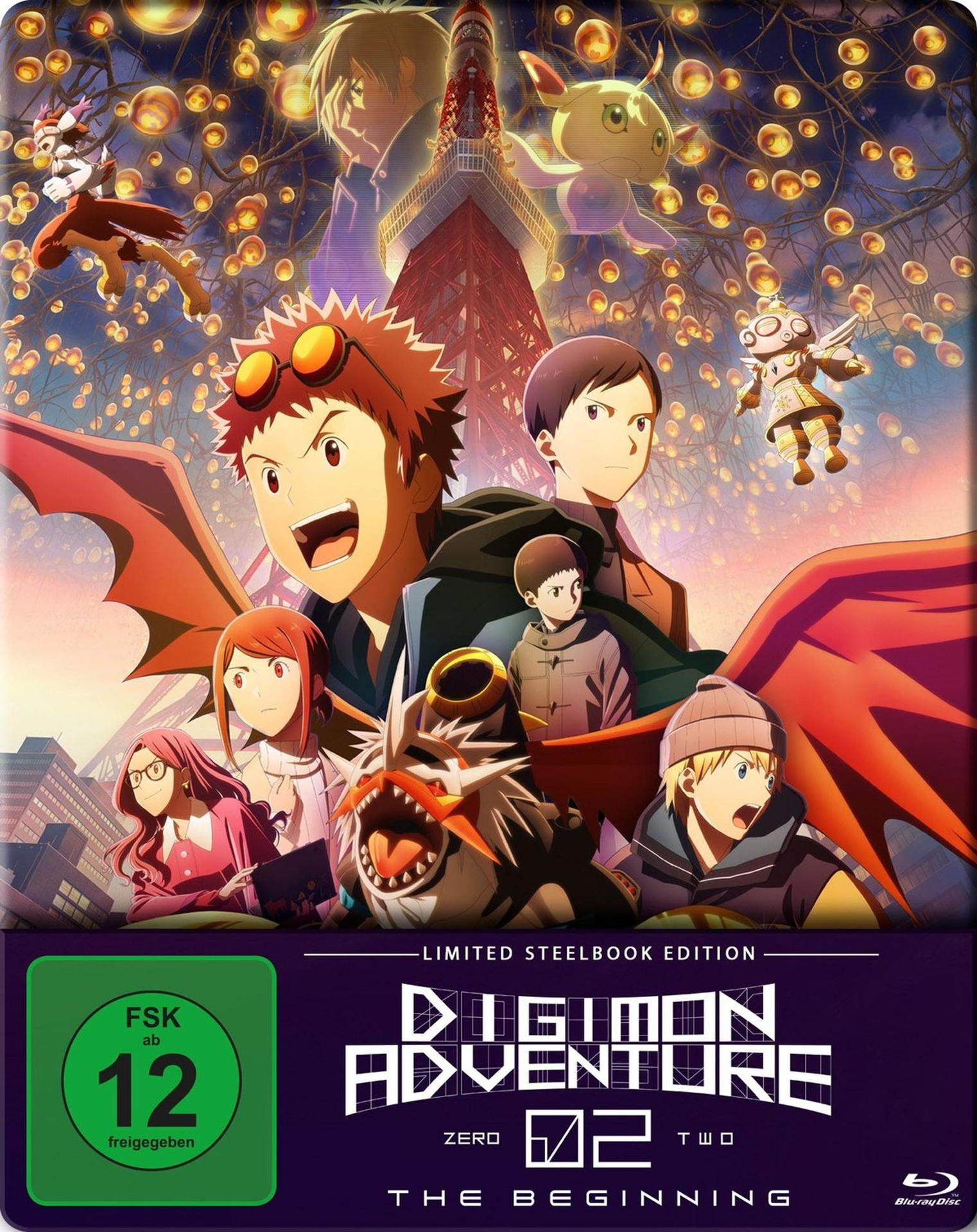Anime-Cover von Digimon Adventure 02. Charaktere und Digimon fliegen vor einem Turm. Die Disc-Hülle hat ein grünes Bewertungssymbol.