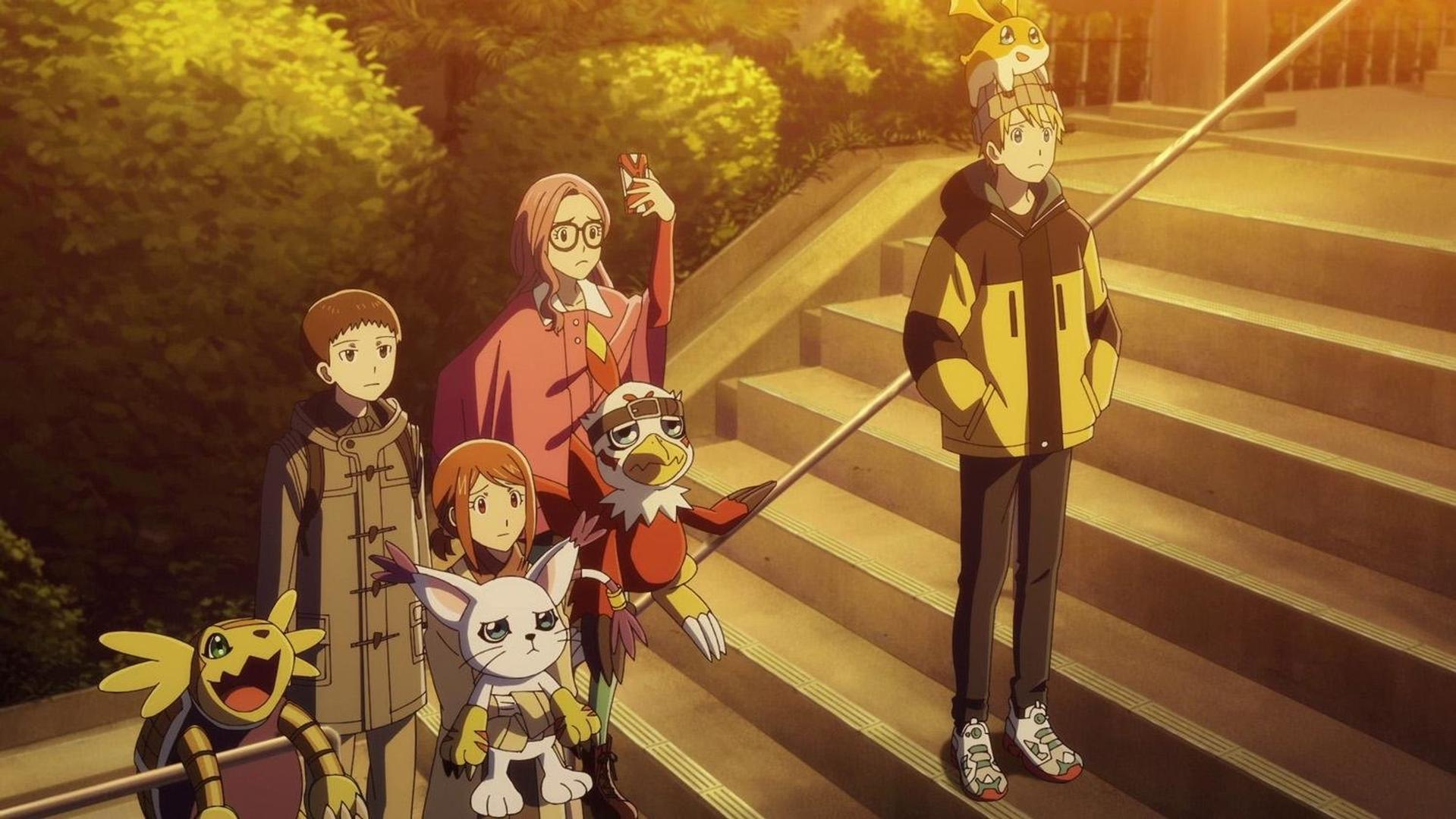 Anime-Charaktere stehen mit ihren Digimon auf Treppen. Ein Junge hat ein gelbes Digimon auf dem Kopf. Andere halten Digimon. Bäume sind im Hintergrund.