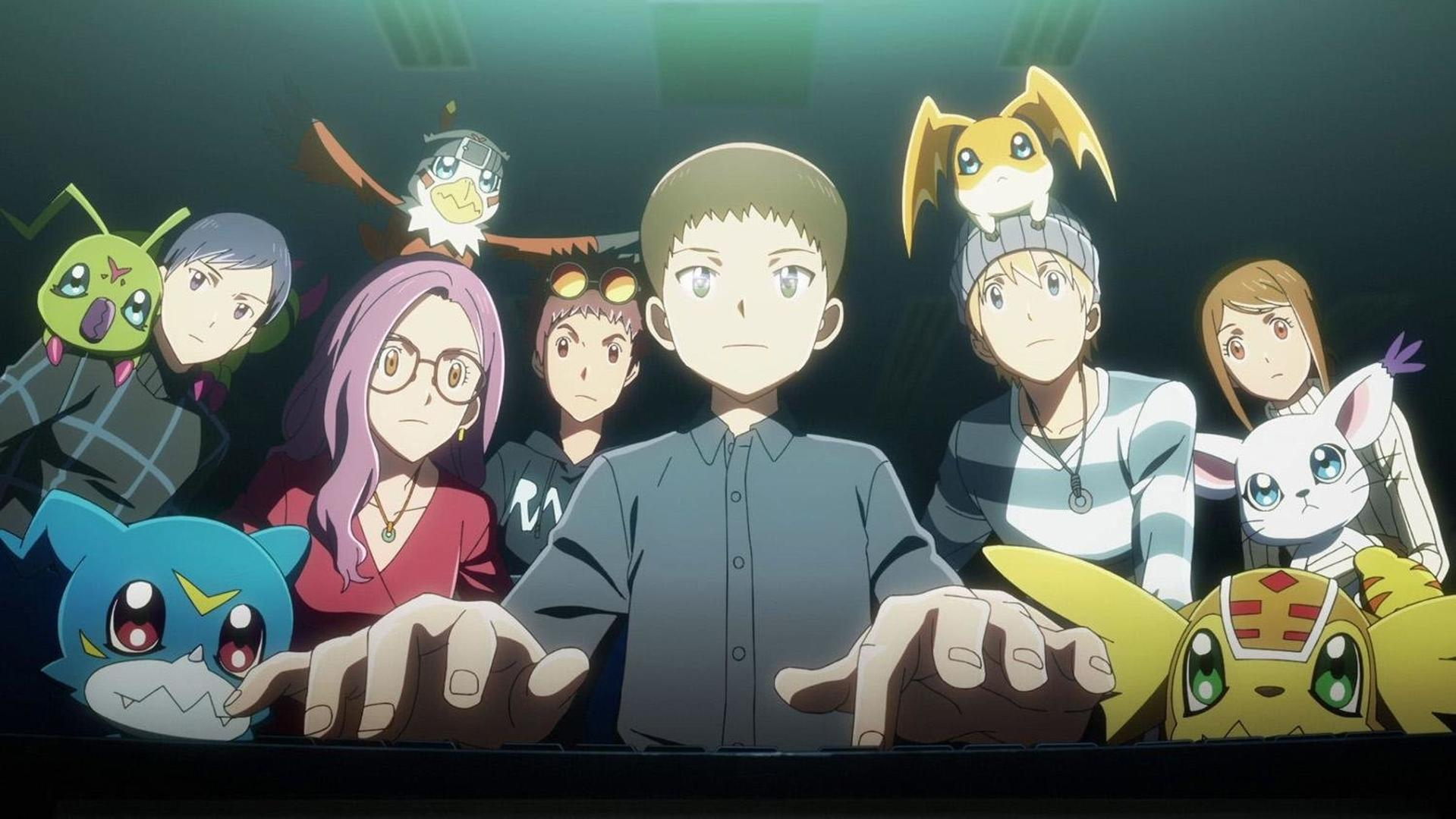 Animeszene mit Charakteren und Digimon. Eine Person in der Mitte tippt auf einer Tastatur. Andere Charaktere und Digimon sind im Hintergrund.