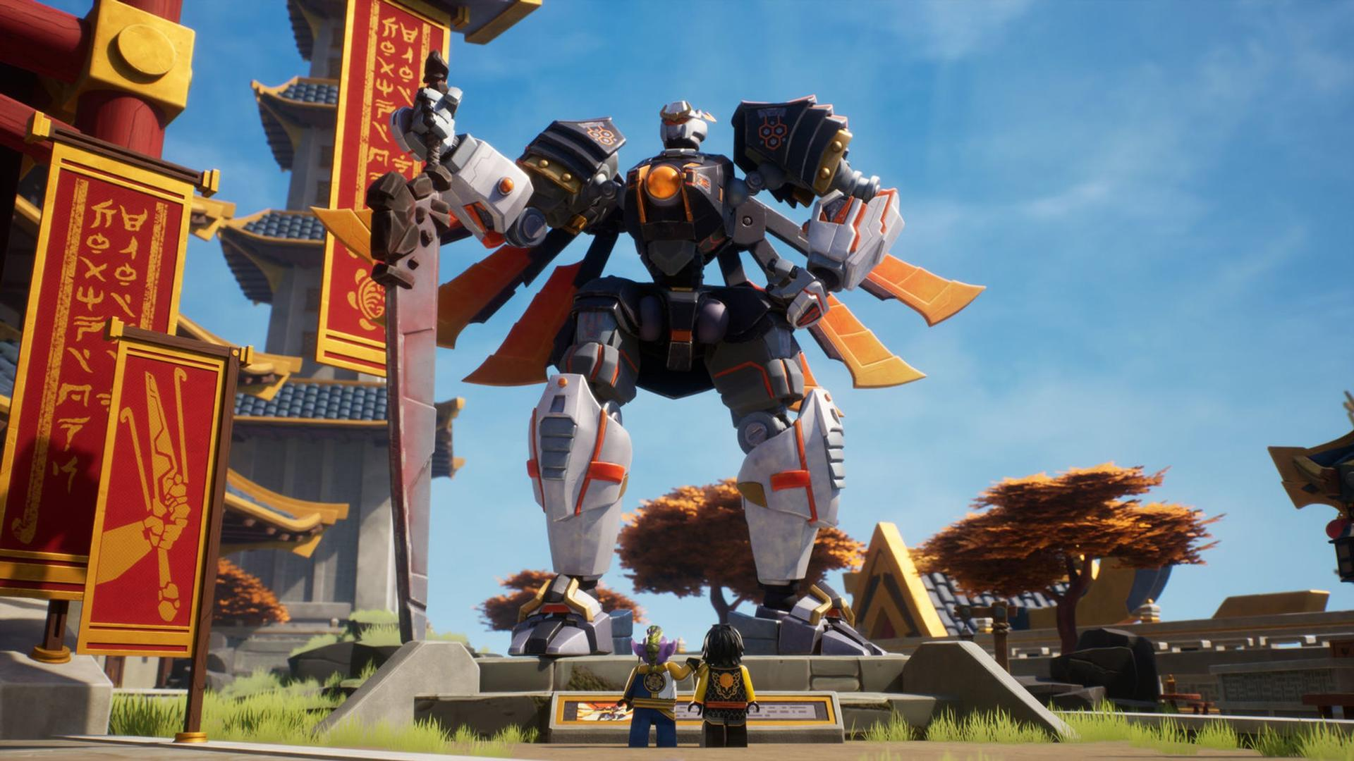 Ein großer Roboter steht, zwei Lego-Figuren blicken nach oben. Rote Banner und Gebäude im asiatischen Stil sind im Hintergrund, blauer Himmel.