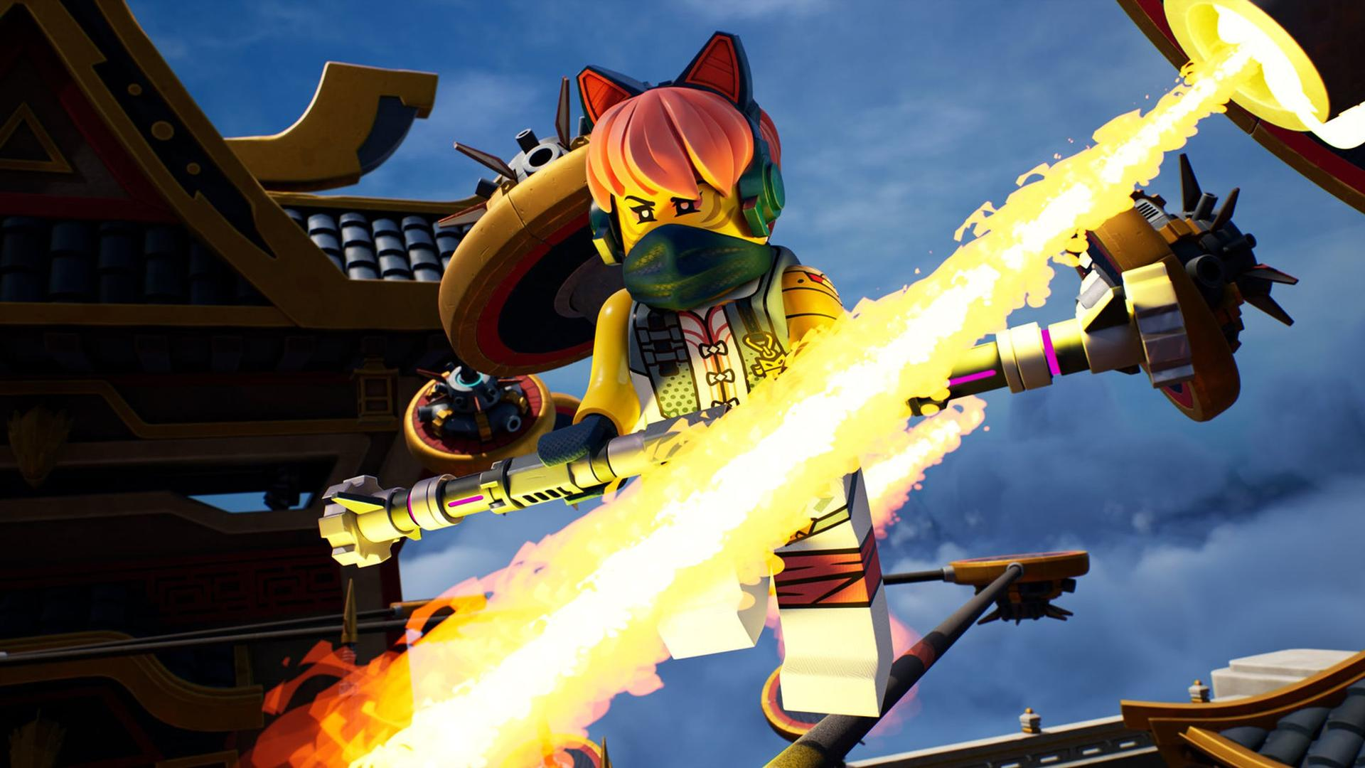 Eine Lego-Figur mit rosa Haaren und Katzenohren hält eine Waffe, die eine hellgelbe Flamme aussendet. Im Hintergrund sind eine Struktur und ein bewölkter Himmel zu sehen.