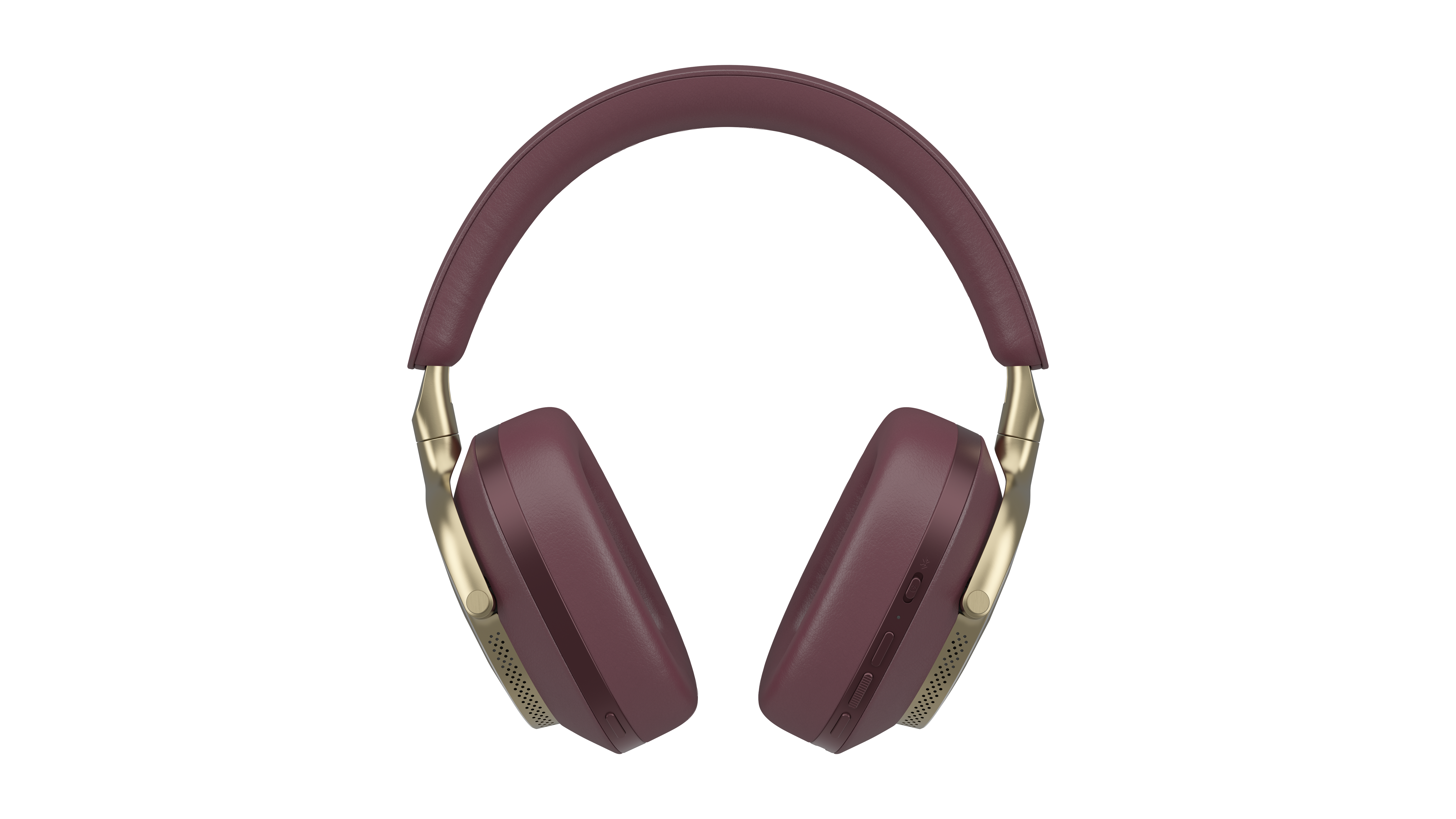 Over-Ear-Kopfhörer. Burgunderfarbene Ohrmuscheln und Kopfband, goldfarbene Arme. Isoliert auf weißem Hintergrund.