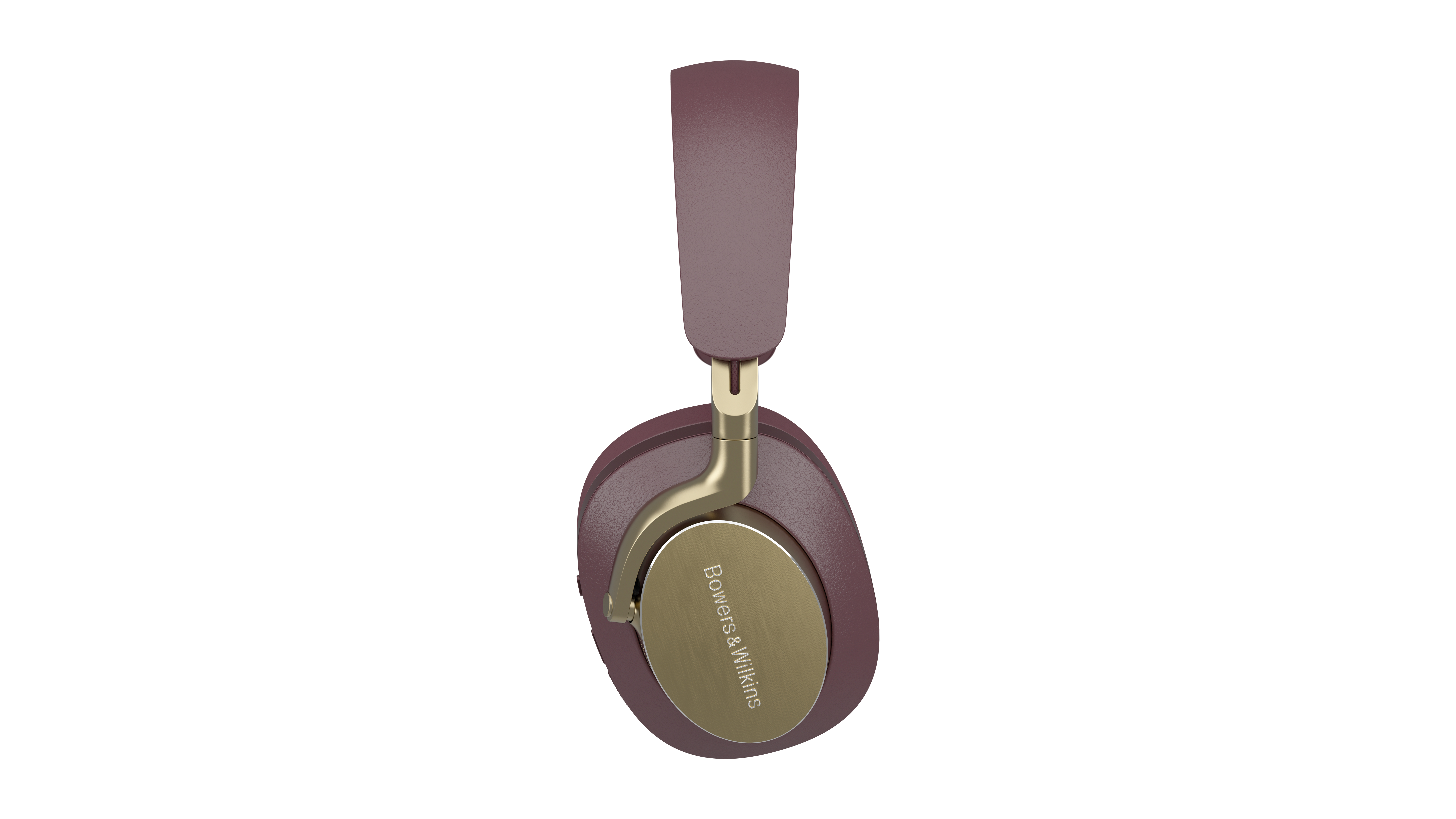 Ein Paar weinrote Kopfhörer mit goldenen Akzenten, Marke Bowers & Wilkins, vor weißem Hintergrund.