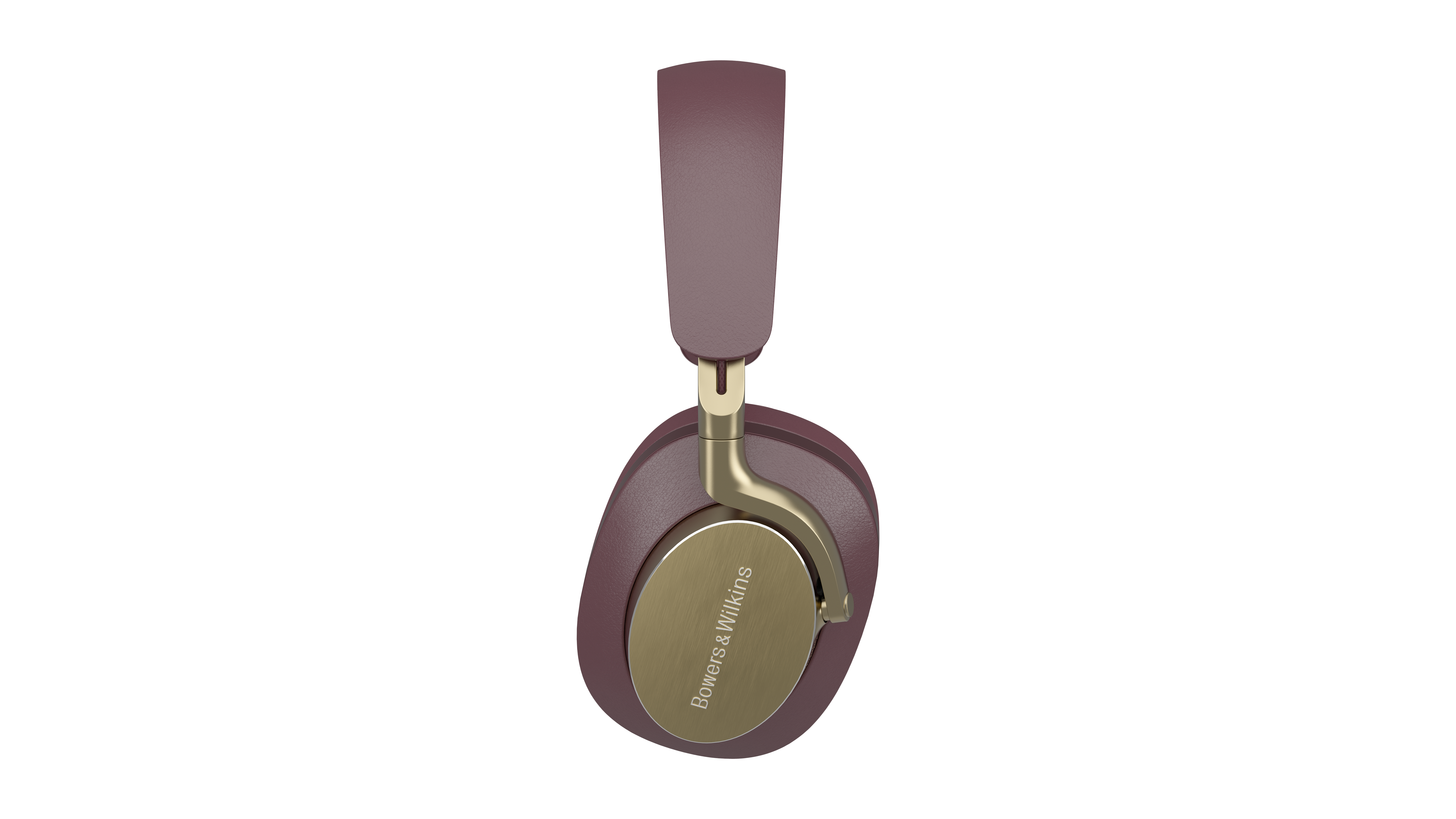 Ein Paar maroon-goldene Kopfhörer mit dem Bowers & Wilkins-Logo auf weißem Hintergrund.