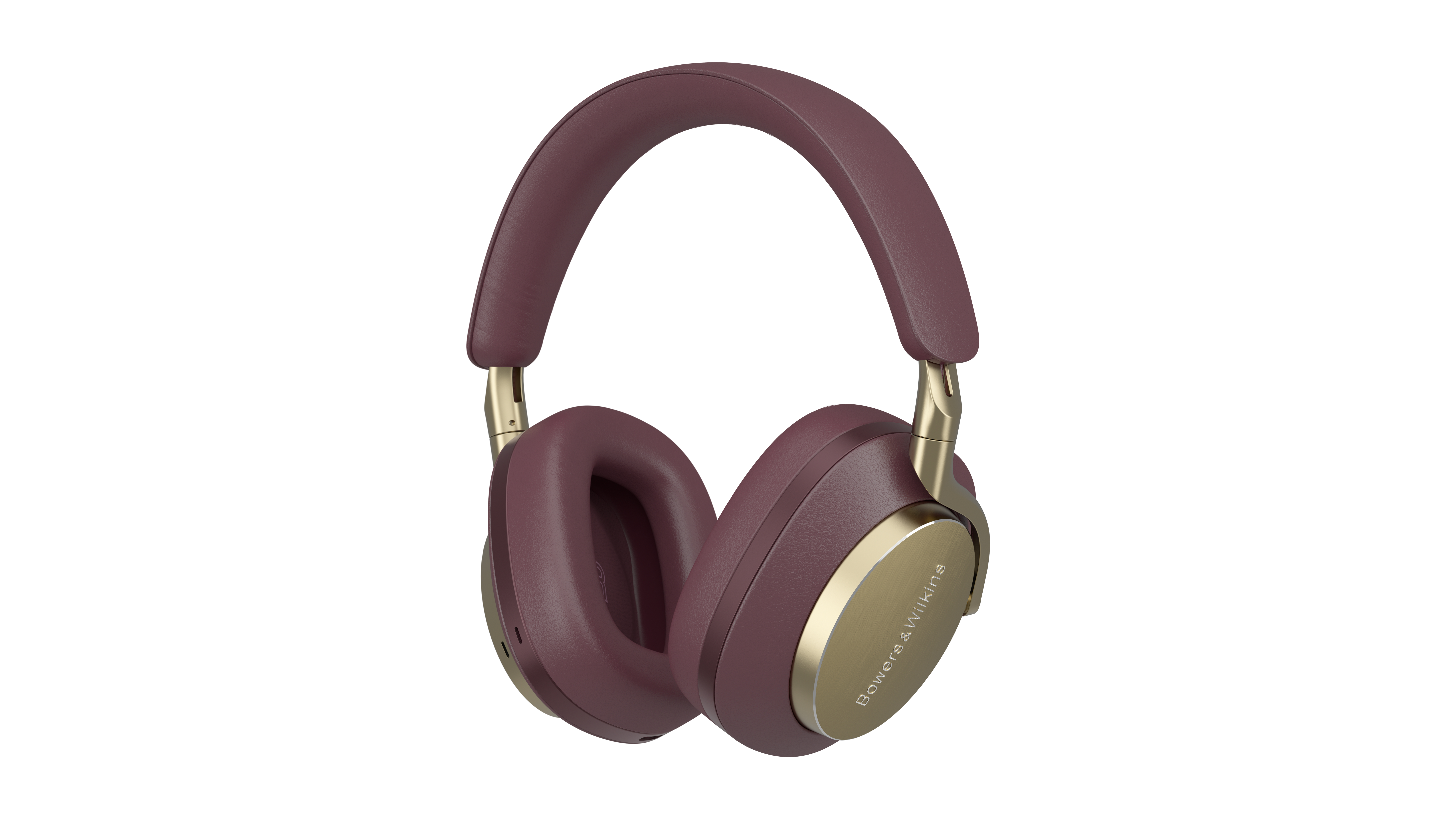 Burgunderfarbene Kopfhörer mit goldenen Akzenten. Das Bowers & Wilkins-Logo ist auf den Ohrmuscheln sichtbar.