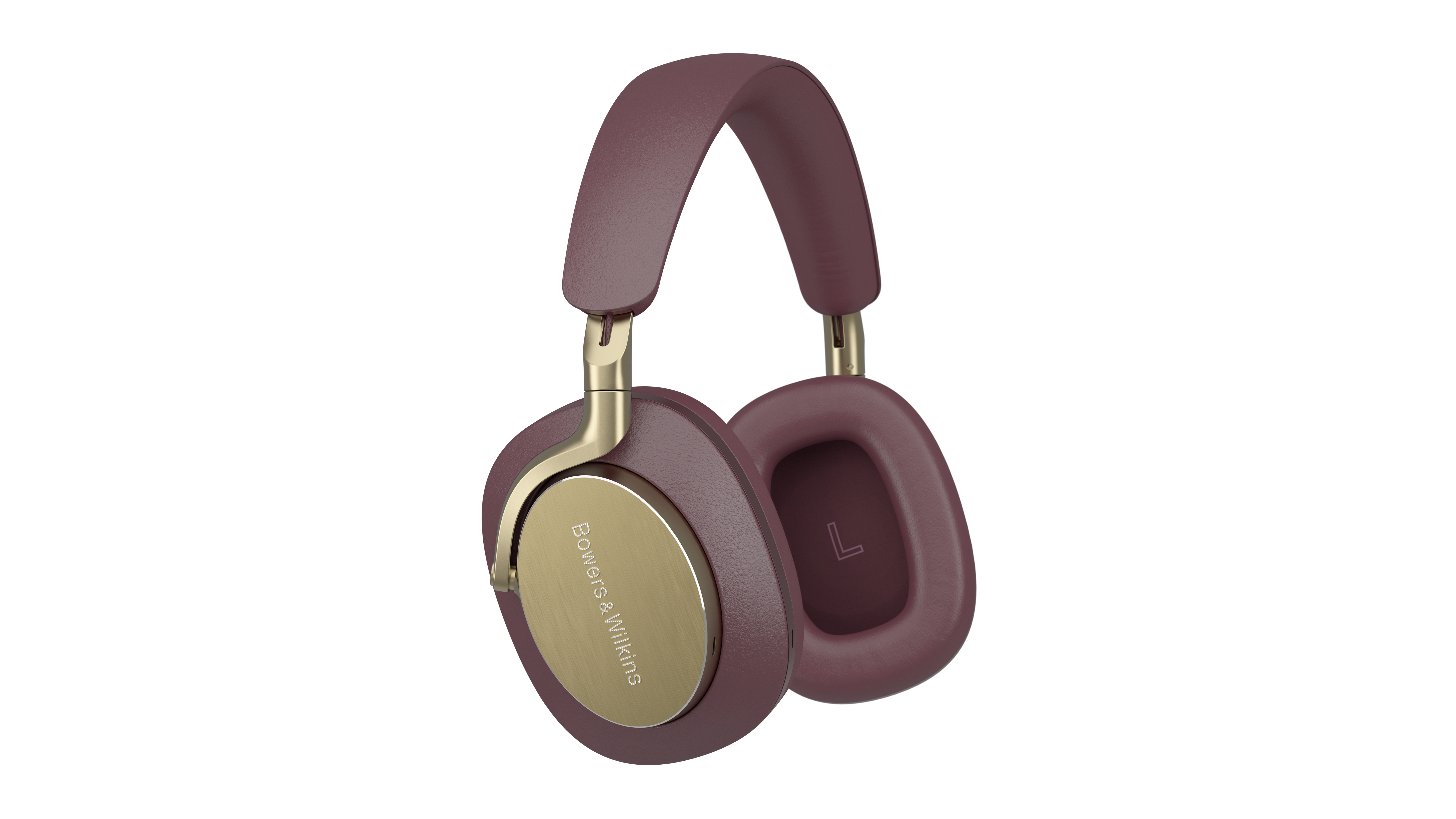 Ein weinroter Bowers & Wilkins-Kopfhörer wird vor weißem Hintergrund gezeigt. Die Ohrmuscheln und das Kopfband sind weinrot, mit goldenen Akzenten.