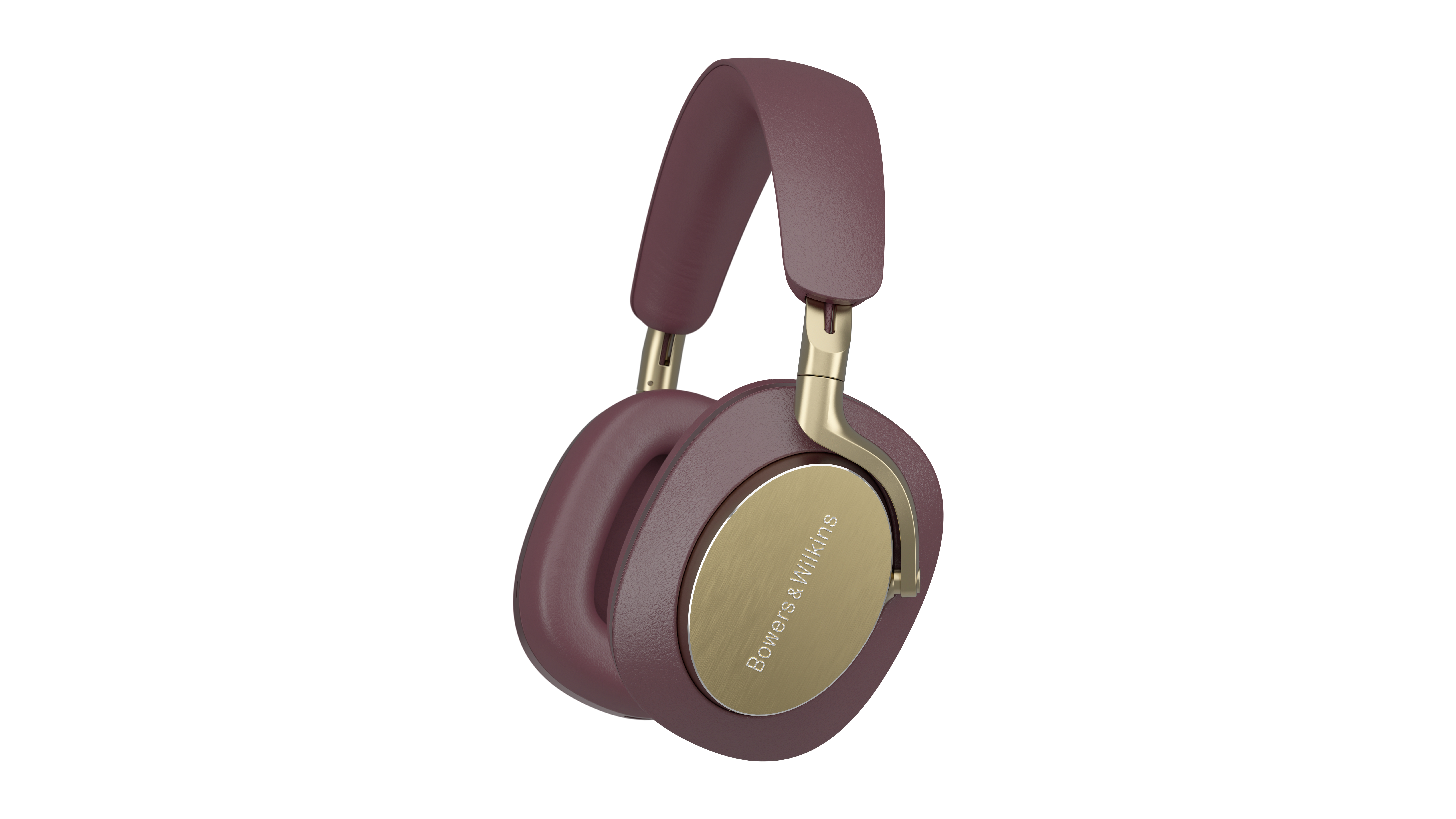 Burgunderfarbene Kopfhörer mit goldenen Akzenten. Sie tragen den Markennamen Bowers & Wilkins. Der Hintergrund ist weiß.