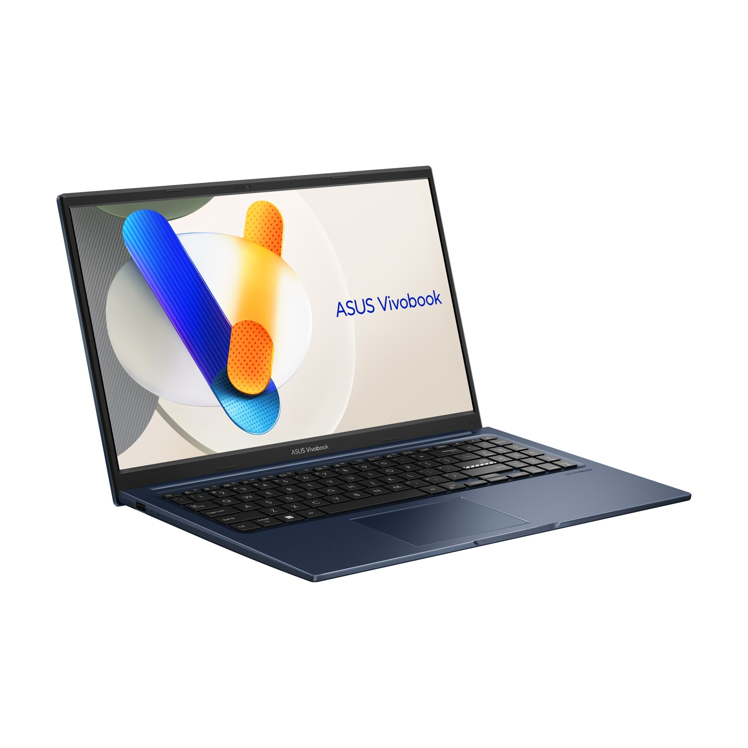 Un laptop ASUS Vivobook blu è aperto, con una grafica astratta colorata. La tastiera è visibile, su sfondo bianco.