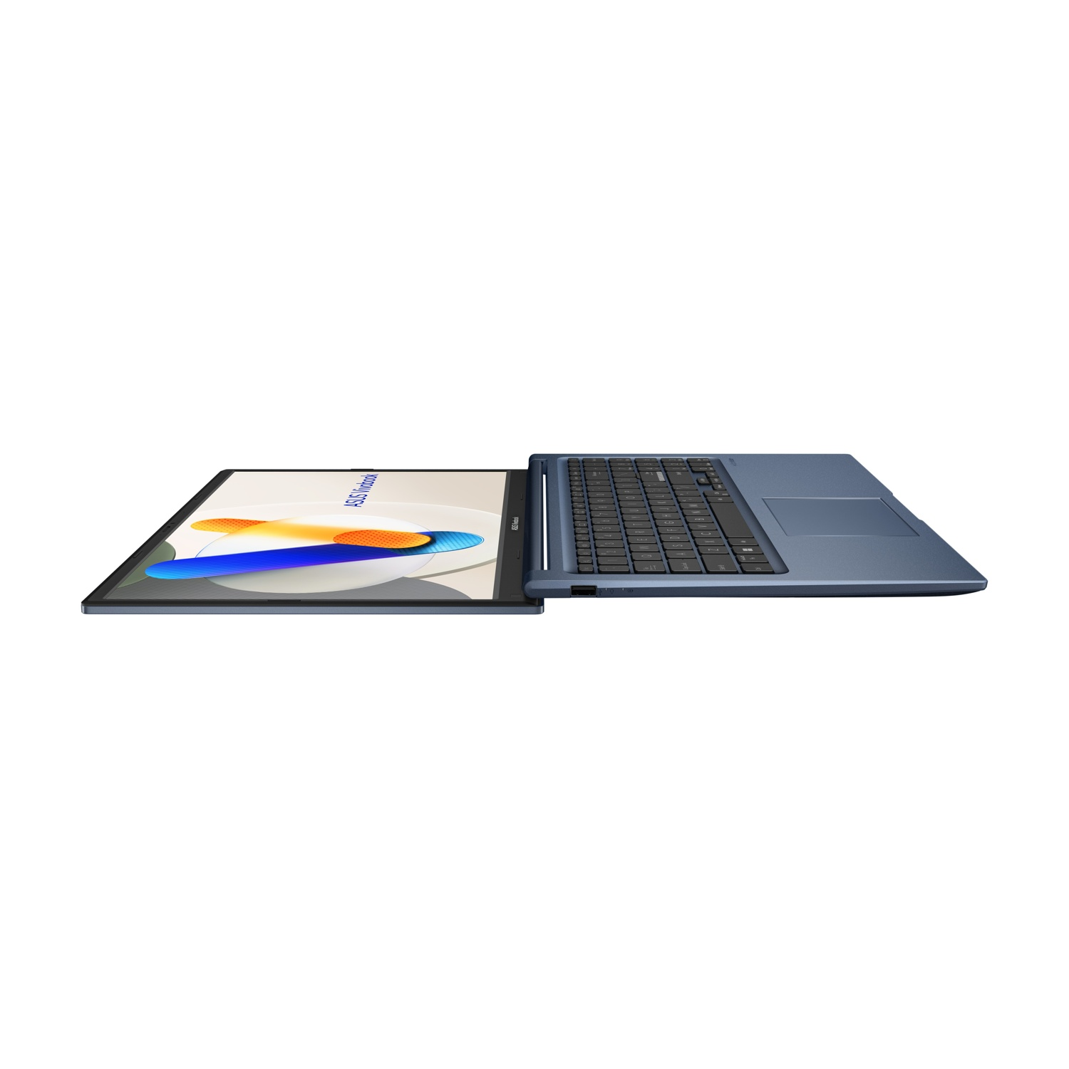 Laptop blu, aperto ad angolo, mostra tastiera e schermo, con grafica e nome ASUS Vivobook.