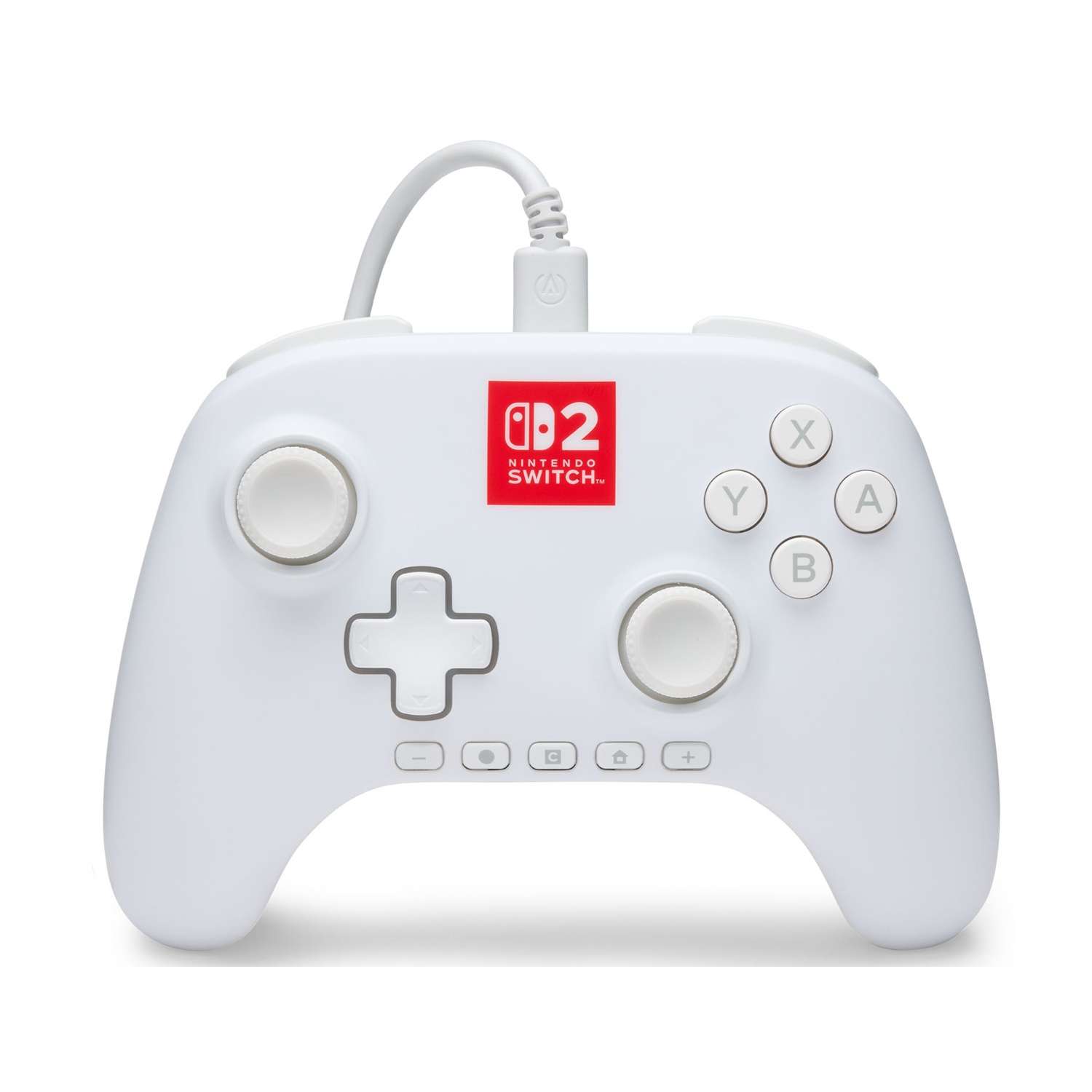 Un controller Nintendo Switch bianco. Ha pulsanti, joystick e un d-pad. Un logo Nintendo Switch rosso è al centro.
