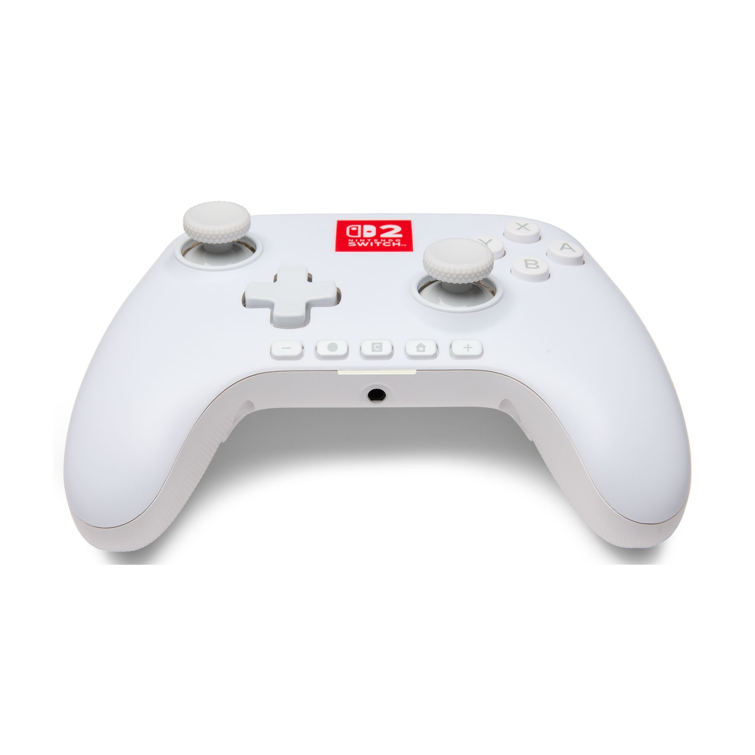 Un controller Nintendo Switch bianco. Ha due joystick, un D-pad, pulsanti e un logo Nintendo Switch.