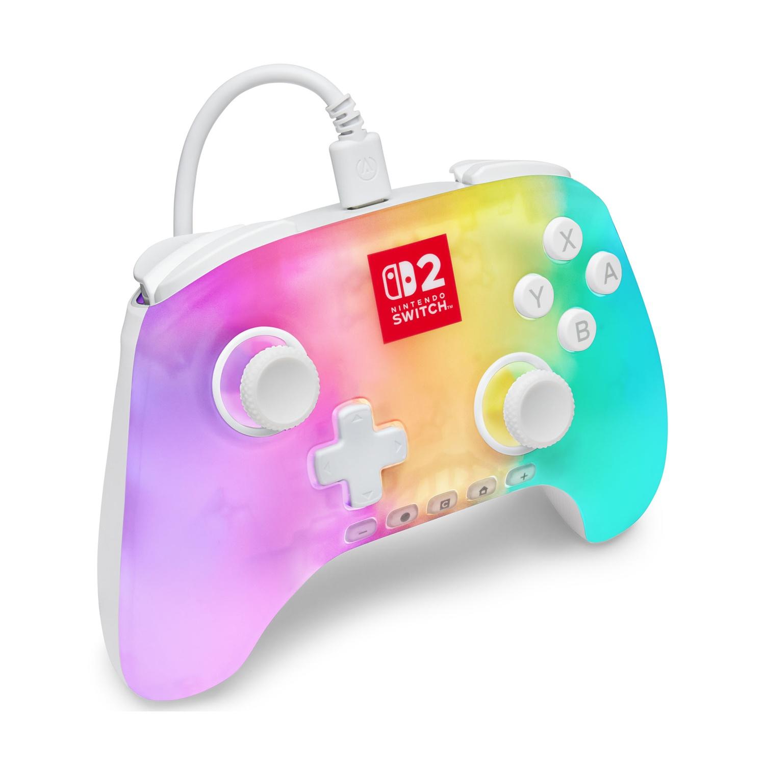 Un controller Nintendo Switch colorato con un cavo bianco. Ha un design a gradiente arcobaleno e pulsanti.