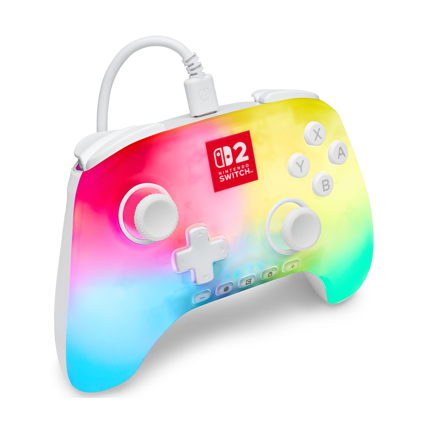 Un controller Nintendo Switch con sfumatura arcobaleno. Ha pulsanti e un cavo bianco collegato.