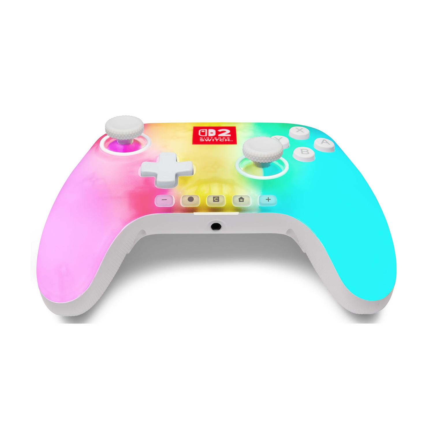 Un controller Nintendo Switch colorato. Ha gradienti rosa, gialli e blu. I pulsanti e gli stick sono bianchi.