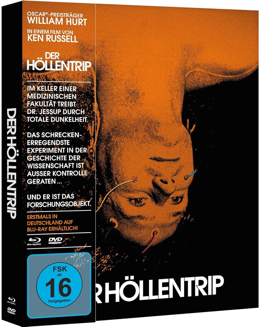DVD-Cover eines Films mit einem orangefarbenen Gesicht, Text über den Film und eine Bewertung. Der Titel lautet Der Höllentrip.