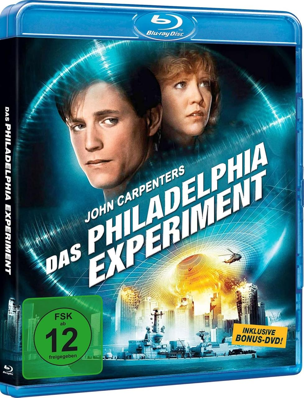 Blu-ray-Cover für 'The Philadelphia Experiment'. Mit zwei Schauspielern, Titeltext, einer Stadtszene mit Explosionen und einem Bonus-DVD-Label.