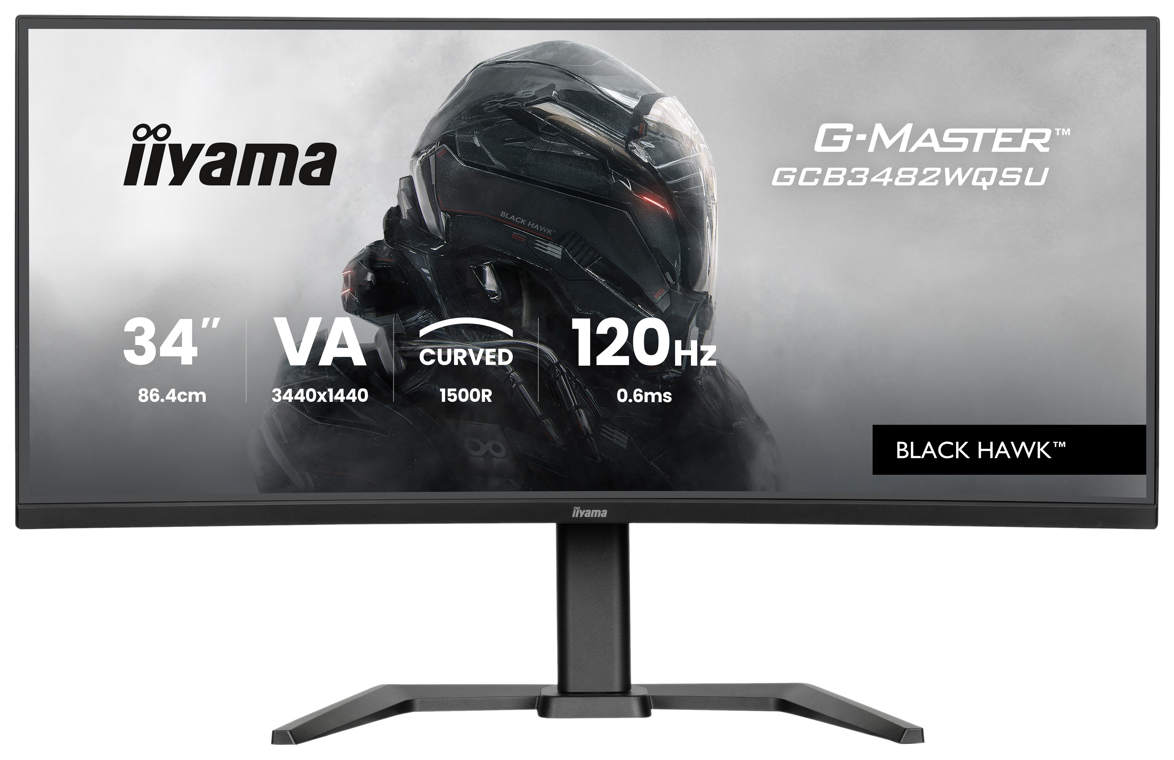 Zakrzywiony monitor iiyama. To G-Master Black Hawk, 34 cale, 120 Hz. Wyświetla ciemny, futurystyczny obraz na ekranie.