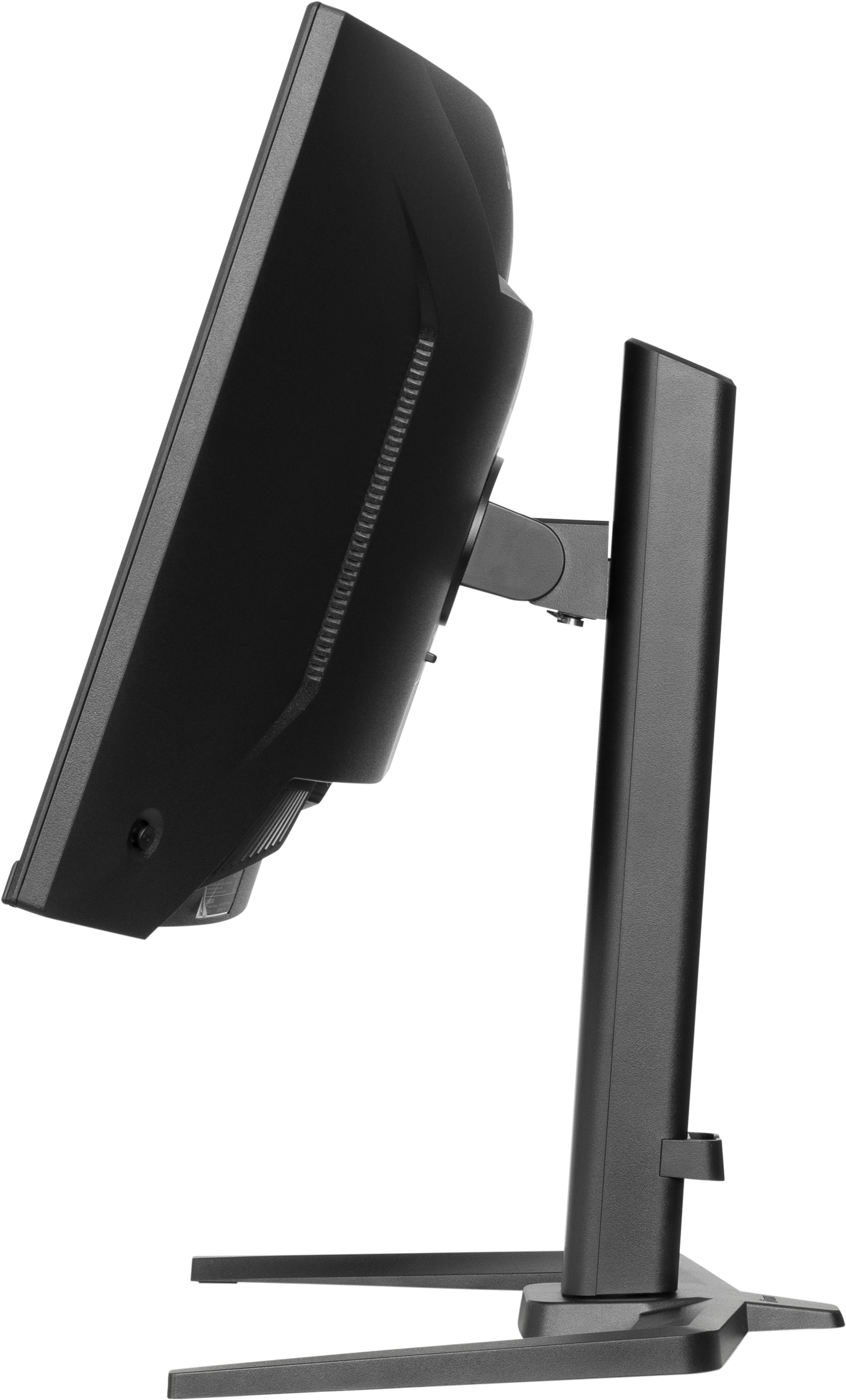 Czarny monitor komputerowy jest ustawiony pod kątem, ukazując szczegóły z boku i z tyłu. Jest zamontowany na podstawie z szeroką podstawą.