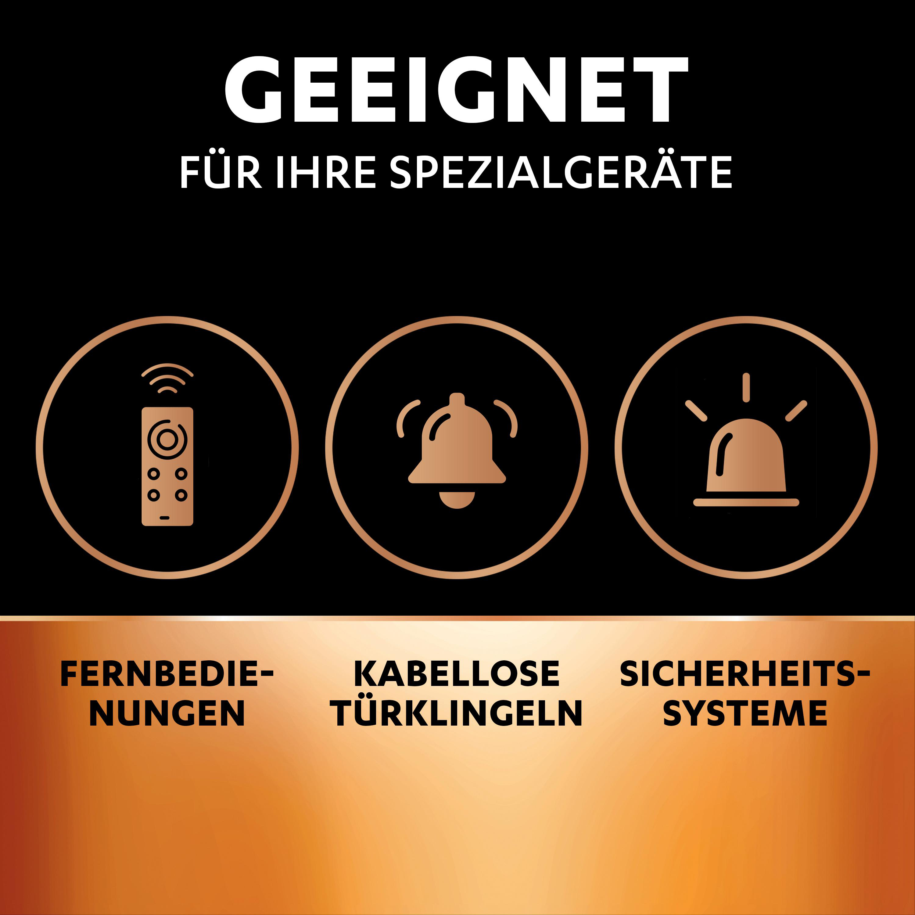 Das Bild zeigt Symbole für Fernbedienungen, Türklingeln und Sicherheitssysteme. Der Text weist auf Spezialgeräte hin.