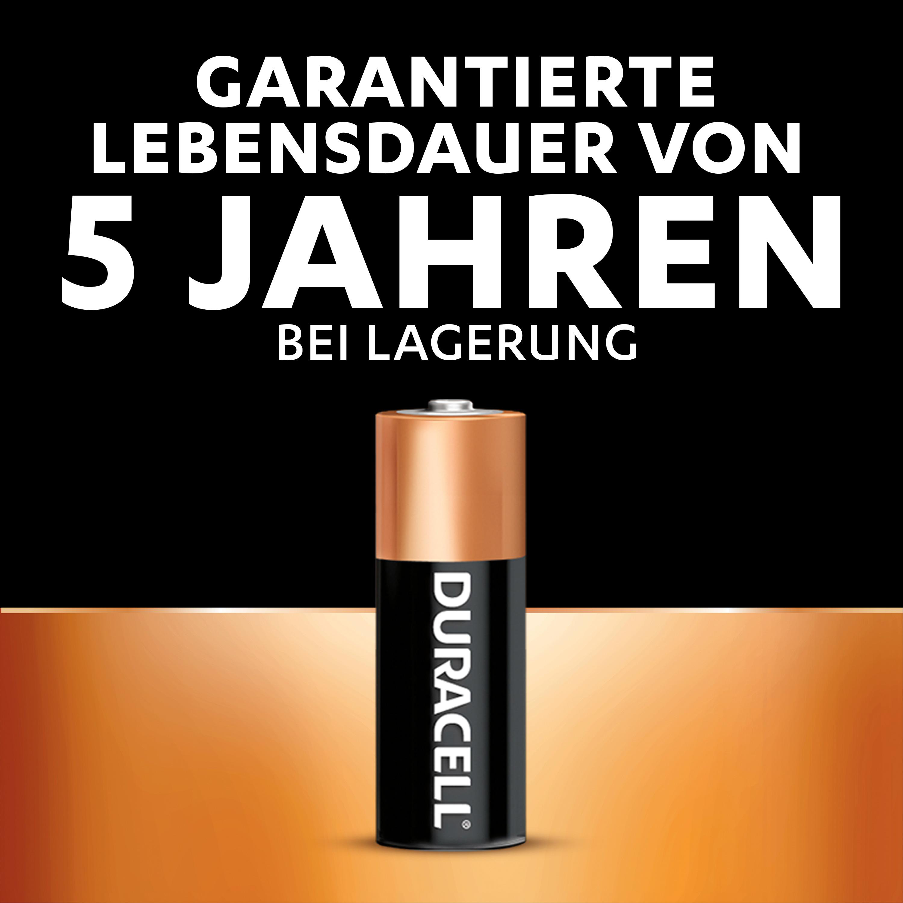 Bild zeigt eine Duracell-Batterie mit Text: 'GARANTIERTE LEBENSDAUER VON 5 JAHREN'. Schwarzer Hintergrund, Orange- und Goldverlauf.