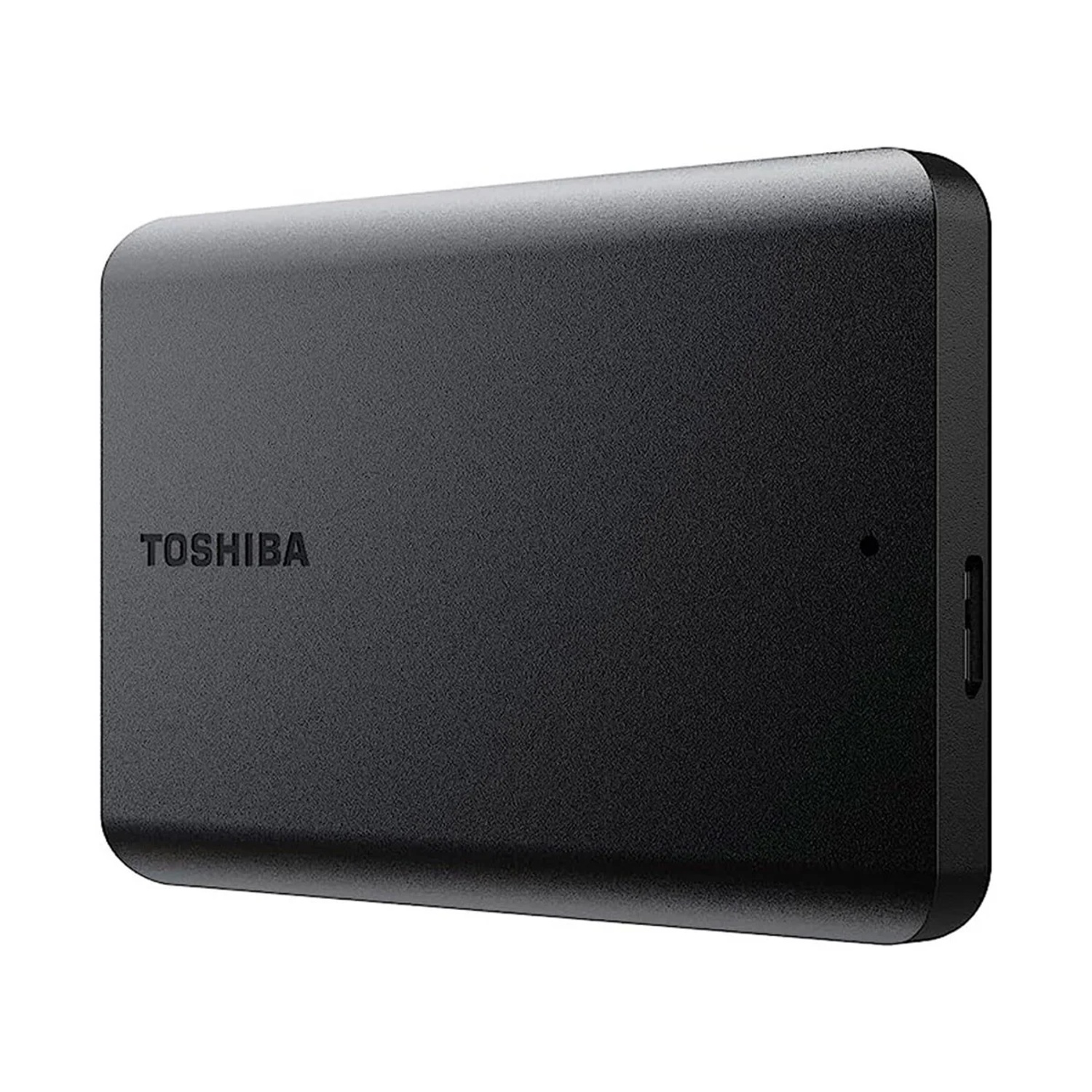 Un disco rigido esterno nero Toshiba. L'unità è rettangolare con angoli arrotondati. Il nome Toshiba è stampato sopra.