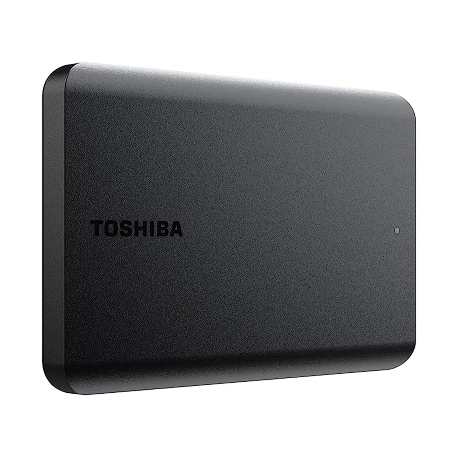 Disco rigido esterno Toshiba nero su sfondo bianco. Ha angoli arrotondati e il nome del marchio stampato.