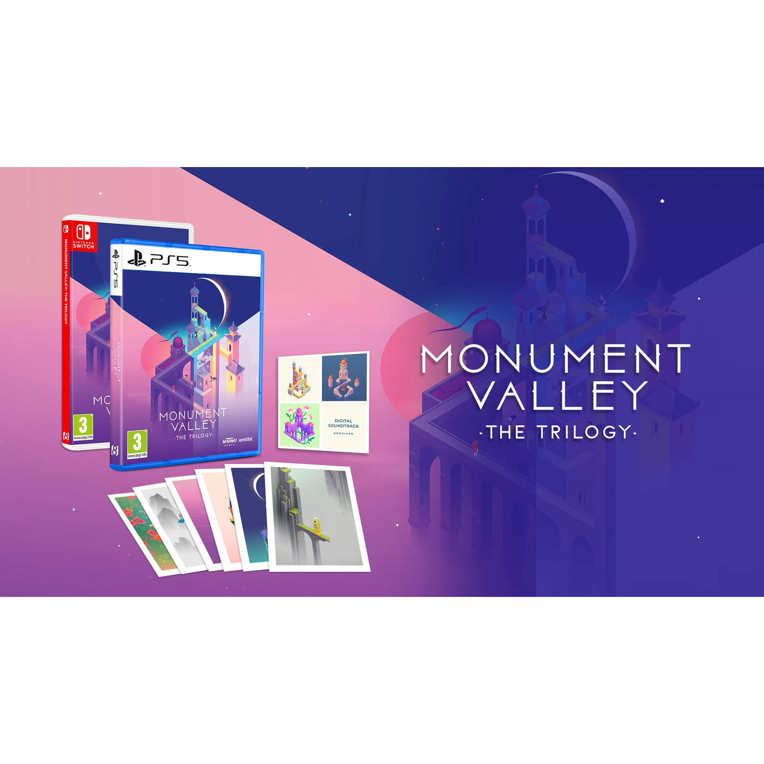 Afbeelding toont gameboxen voor Switch en PS5, kunstwerk van een gebouw met een maan en kunstdrukken. De game heet Monument Valley: The Trilogy.