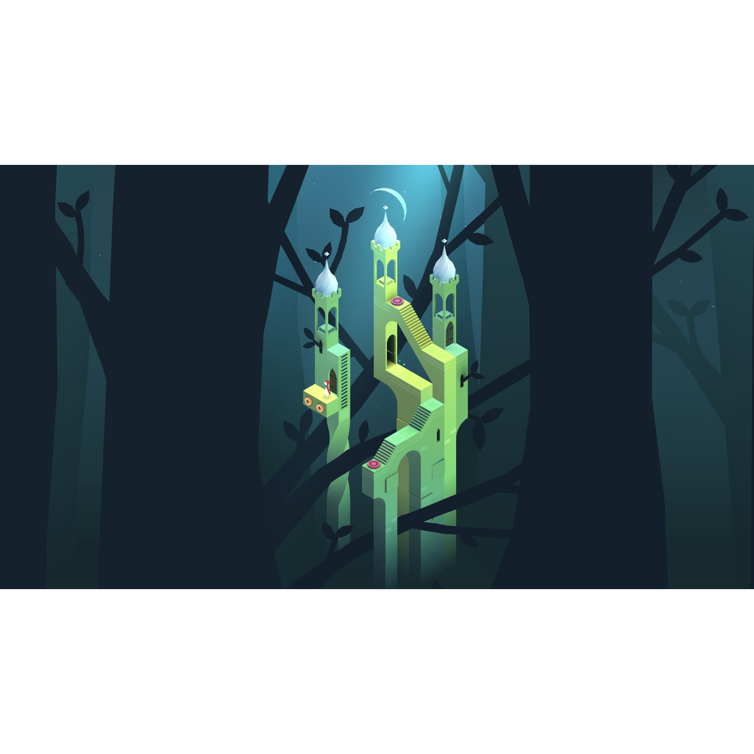 Een gestileerd, groen kasteel met trappen en torens ligt in een donker bos, onder een halve maan. Silhouetten van bomen omlijsten de scène.