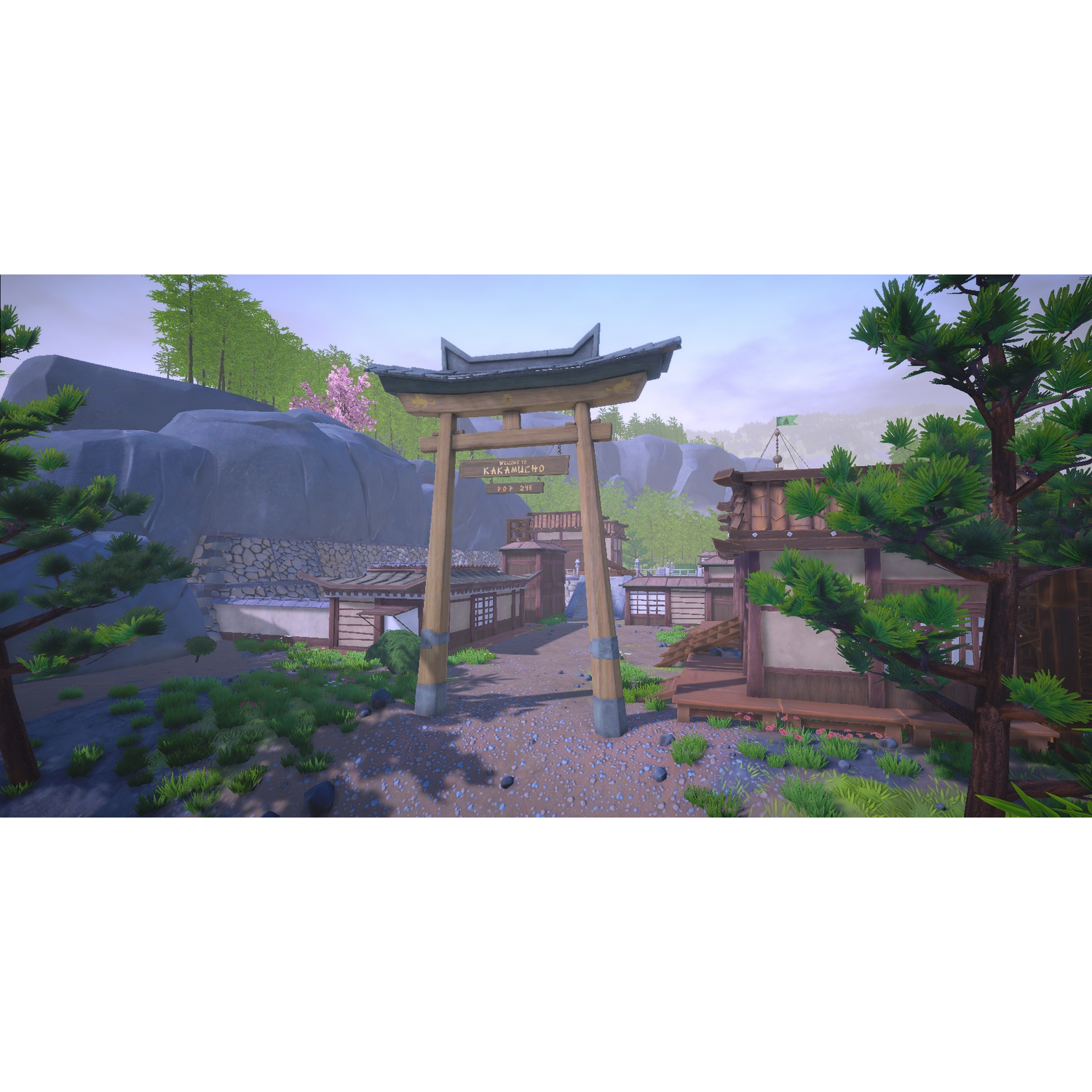 Une porte torii en bois marque l'entrée d'un village. Des bâtiments à l'architecture japonaise bordent le chemin. Arbres et montagnes en arrière-plan.
