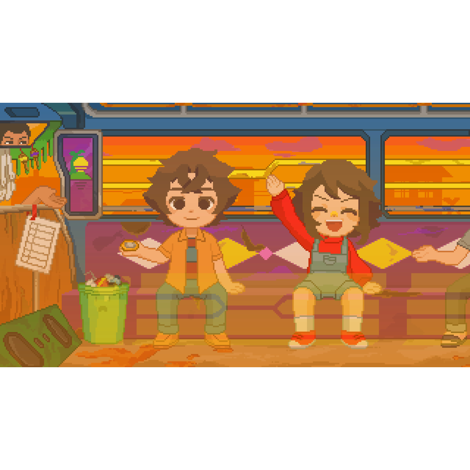 Pixel art scene: twee kinderen in een bus, een houdt een munt vast, de ander zwaait. Businterieur, zonsondergang door het raam.