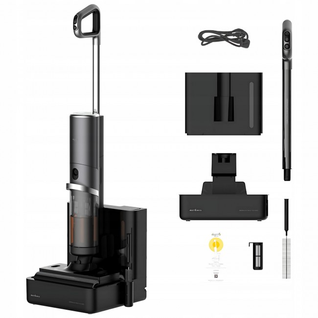 Zmontowany odkurzacz bezprzewodowy z częściami i akcesoriami. Jest głównie szary i czarny, pokazany na białym tle.