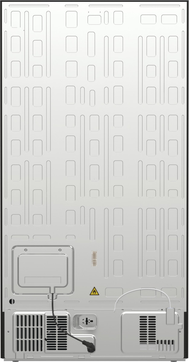 Panel tylny lodówki. Jest biały z wzorem kratki, systemem wentylacji i przewodem zasilającym.