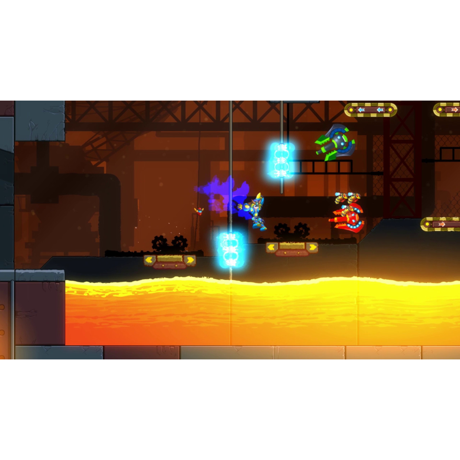 Een robotpersonage vecht in een vurige industriële scène. Lava stroomt beneden, met vijanden boven. Heldere visuals en actievolle gameplay.