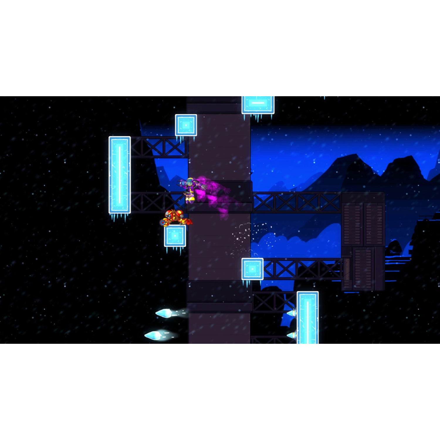 Een videogame scene. Twee personages vliegen door een futuristische omgeving met platforms, heldere lichten en een besneeuwde achtergrond.