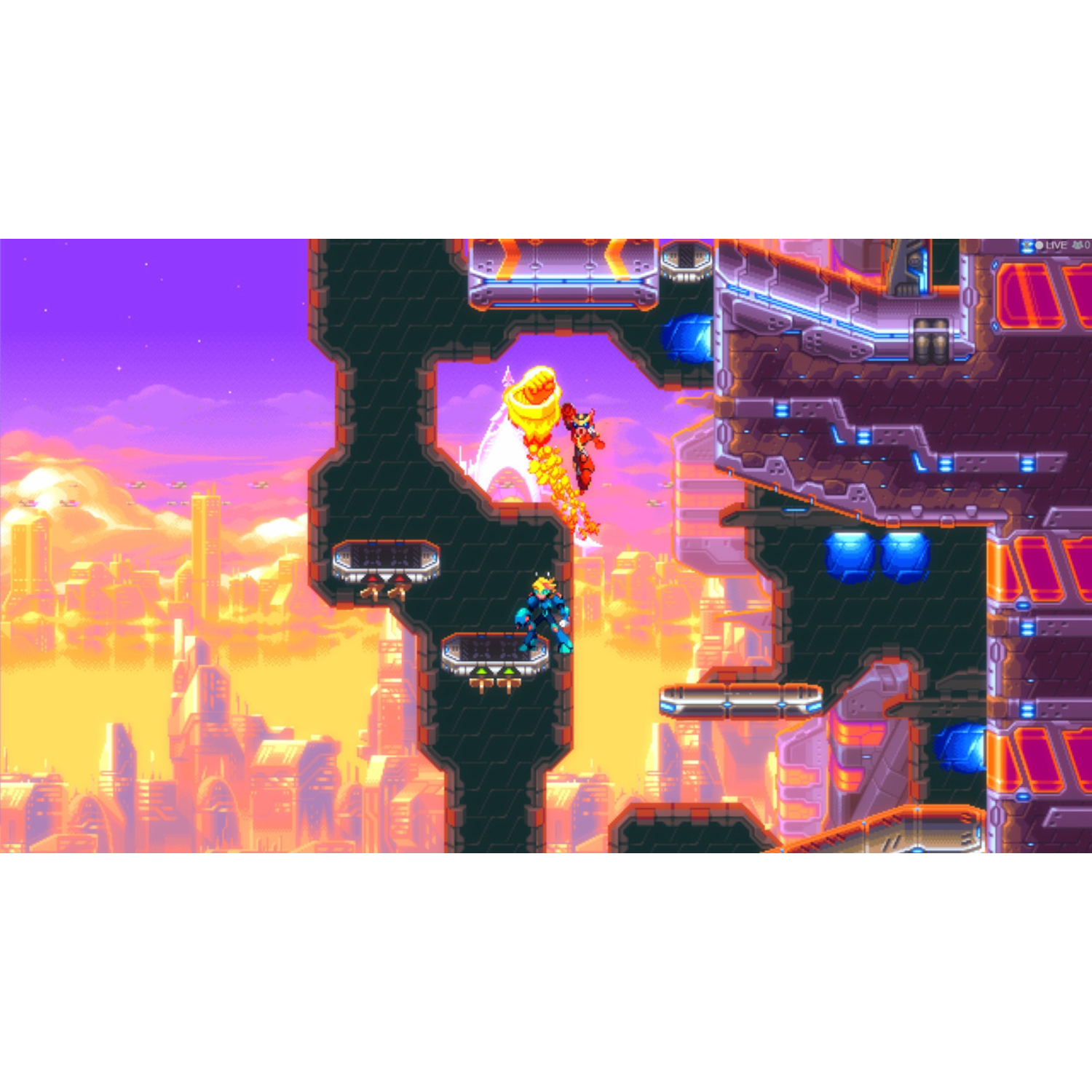 Een futuristische spelscène toont twee personages die in de lucht vechten. De achtergrond omvat een stad en een paarse lucht.