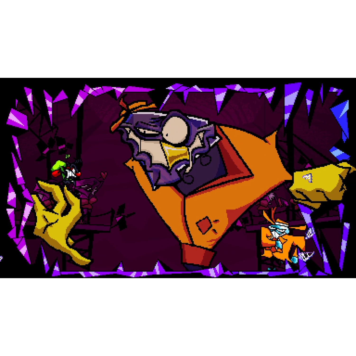 Een cartoonachtige afbeelding toont drie karakters en een versplinterde paarse achtergrond. Eén karakter is groot met een oranje jas.