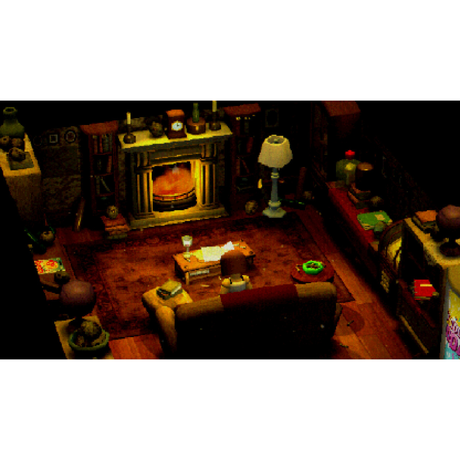 Chambre cosy avec cheminée, livres et canapé. Table avec papiers et verre. Lampe et divers objets.