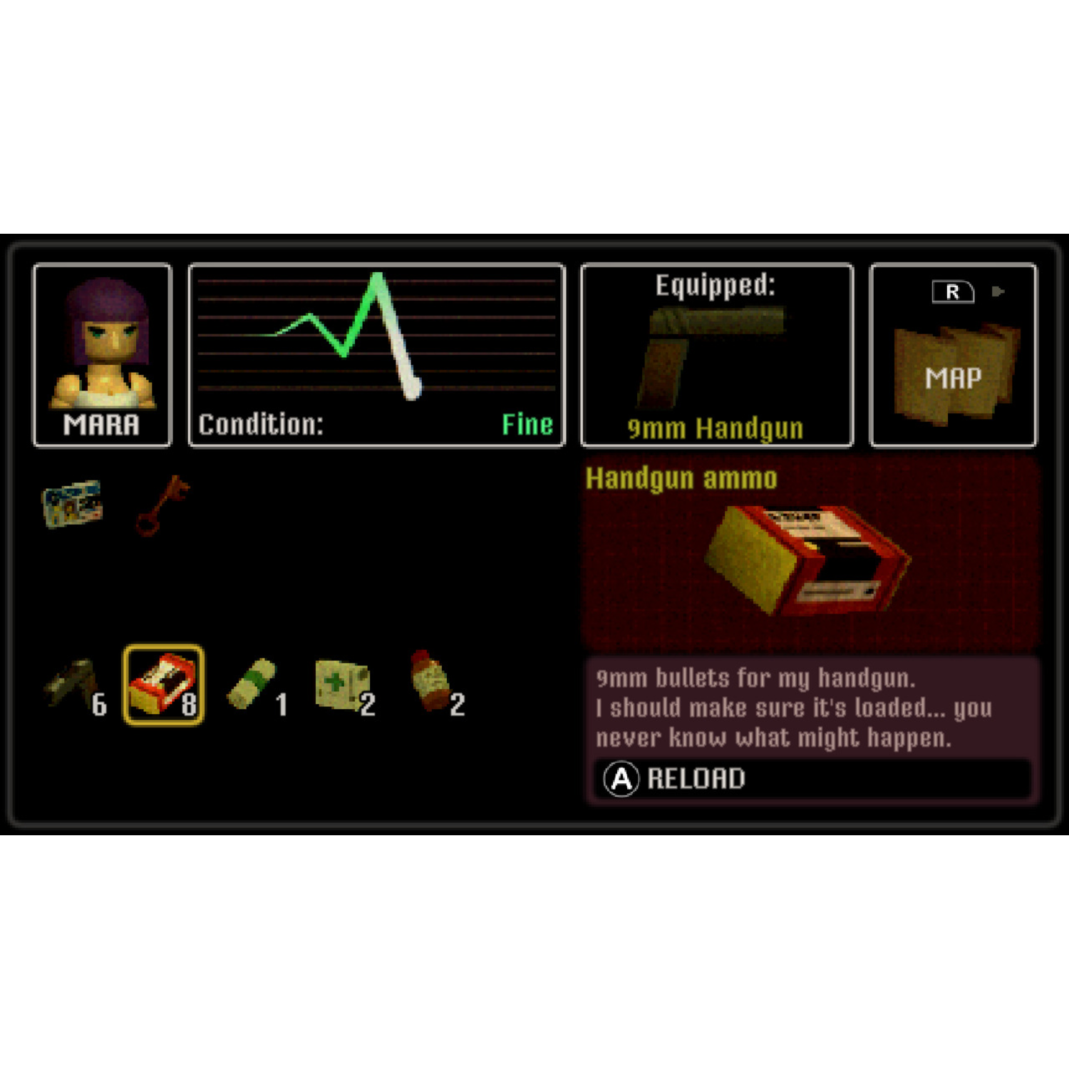 Un écran de jeu vidéo affiche Mara, un pistolet 9mm, des balles, des objets de santé et une carte. L'état du personnage est bon.